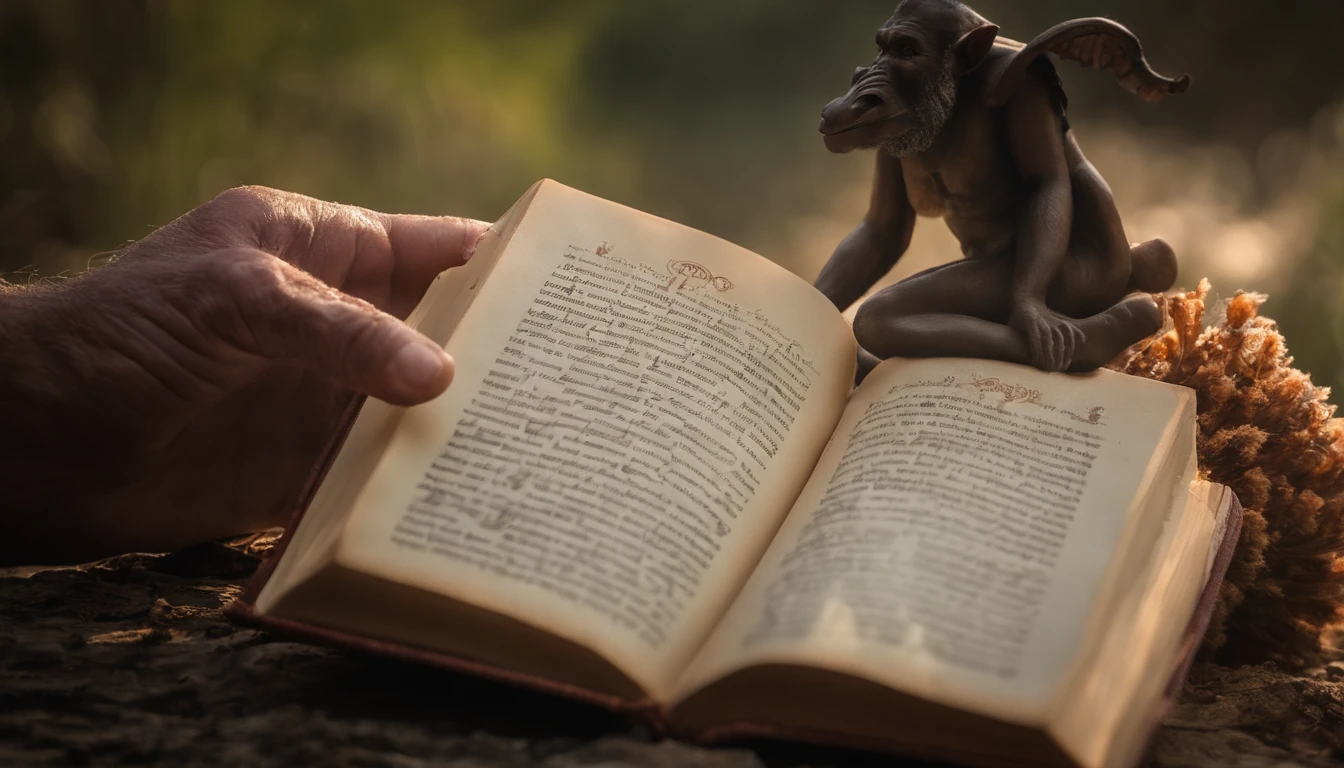 (Biblical times) ao (On the left side of the image is an old man holding a luminous book in his hands) ao (On the right side of the image there is a scary demon) (Biblical times) profundidade de campo, Bokeh, Realismo, fotorrealista, hiper-Realismo, fotografia profissional, 8k UHD , DSLR, HDR , piece of master, melhor qualidade, filme granulado, Pintura fotorrealista, Fujifilm XT3