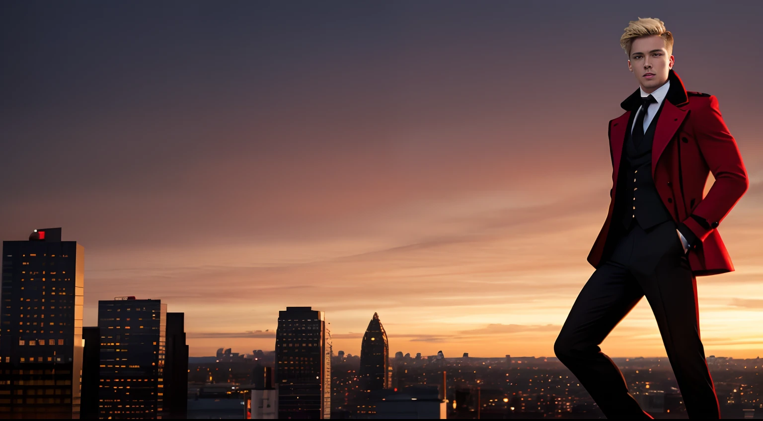 A fit man with short blond hair. He is wearing a red coat with red coattails. Underneath, he is wearing a black lawyer suit with black dress pants and black boots and black gloves. There is a city in the background and it is sunset. His entire body is facing the camera and he is in an action pose.