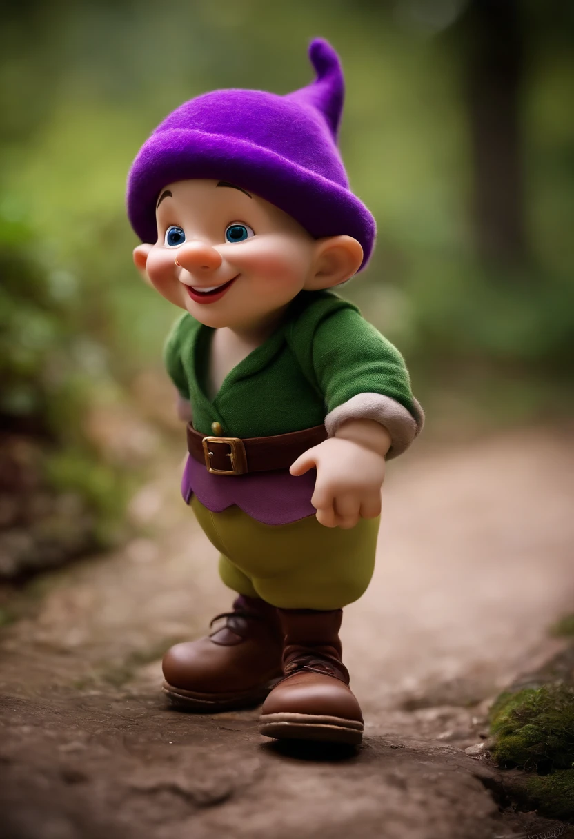 Dopey is one of Snow White's 7 Dwarfs,
He's small, tem orelhas grandes e
usa uma camisa verde-clara,
A purple hat and brown shoes.