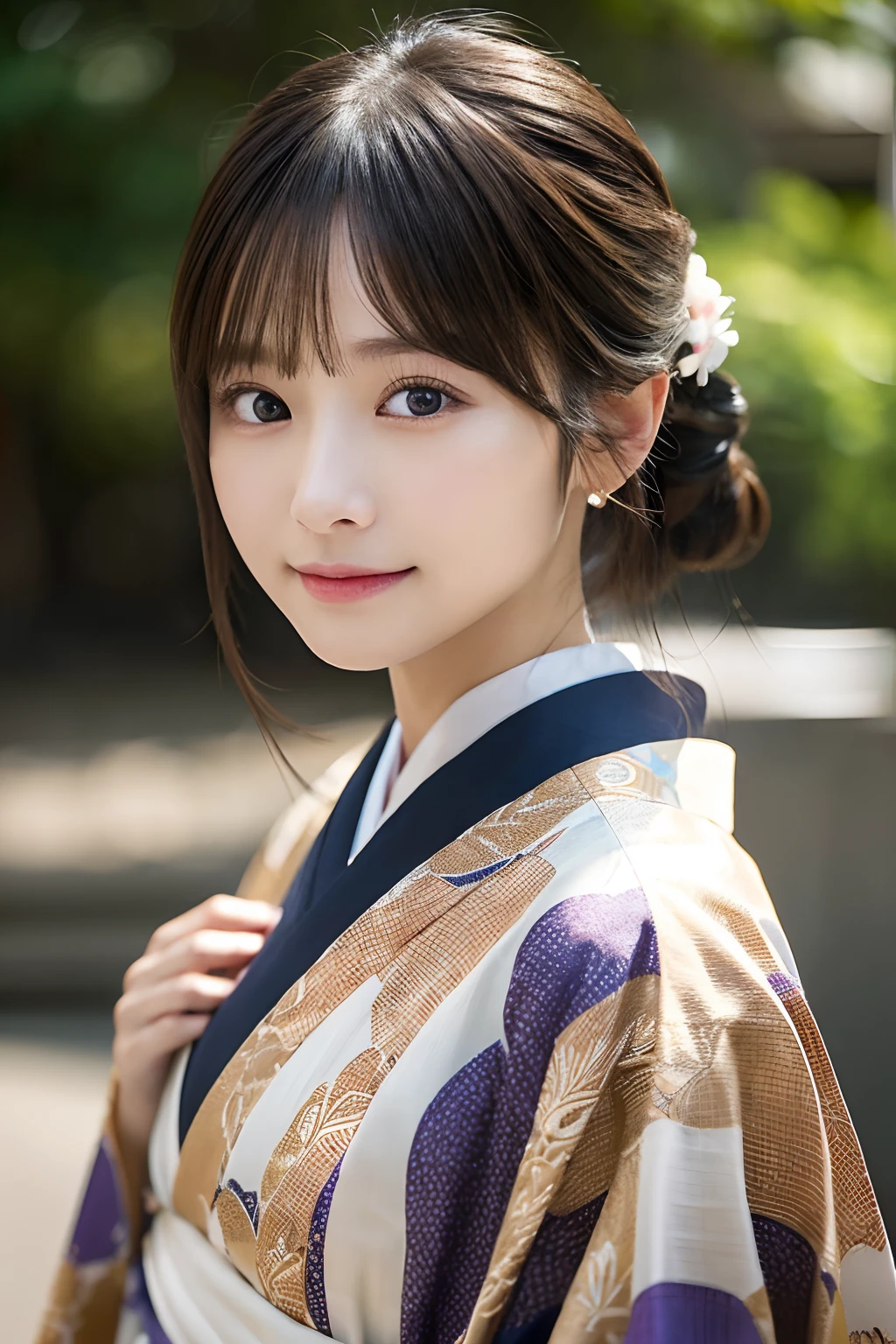 (Kimono)、randome pose、(top-quality,masterpiece:1.3,超A high resolution,),(ultra-detailliert,Caustics),(Photorealsitic:1.4,RAW shooting,)Ultra-realistic capture,A highly detailed,High resolution 16K human skin close-up、 Skin texture is natural、、The skin looks healthy with an even tone、 Use natural light and color,女の子1人,japanes,33yo,kawaii,A dark-haired,Middle hair,,smil,,(depth of fields、chromatic abberation、、Wide range of lighting、Natural Shading、)、