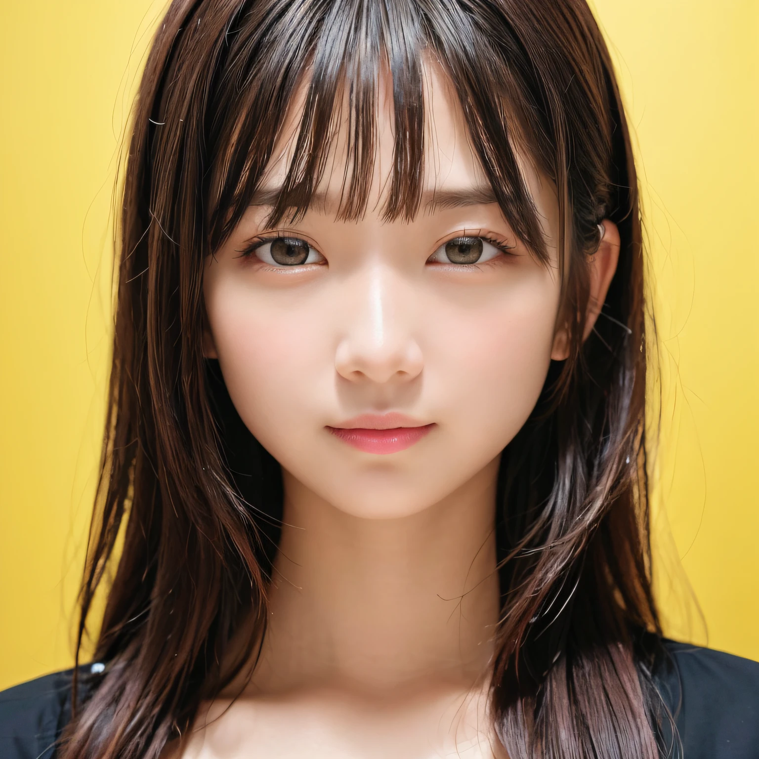 masterpiece, best quality, 8k, absurdres, (upper body:1.4), white shirt, beautiful girl, pretty face, looking at viewer, smile, ultra realistic, highres, photography, film grain, chromatic aberration, sharp focus, HDR, facelight, dynamic lighting, cinematic lighting, professional shadow, simple background, (dull yellow background:1.4), highest detailed, extreme detailed, ultra detailed, finely detail, real skin, delicate facial features, detailed face and eyes, sharp pupils, realistic pupils, (korean, japanese, chinese:0.3)