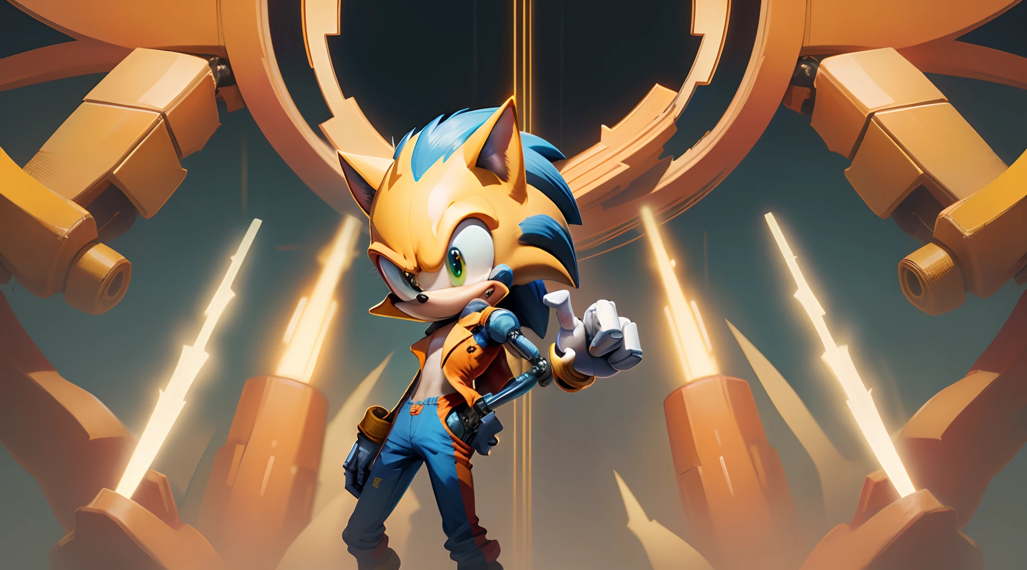 Sonic the hedgehog but with A Right robot arm, orange coat, Blue pants, Red and blue pupils