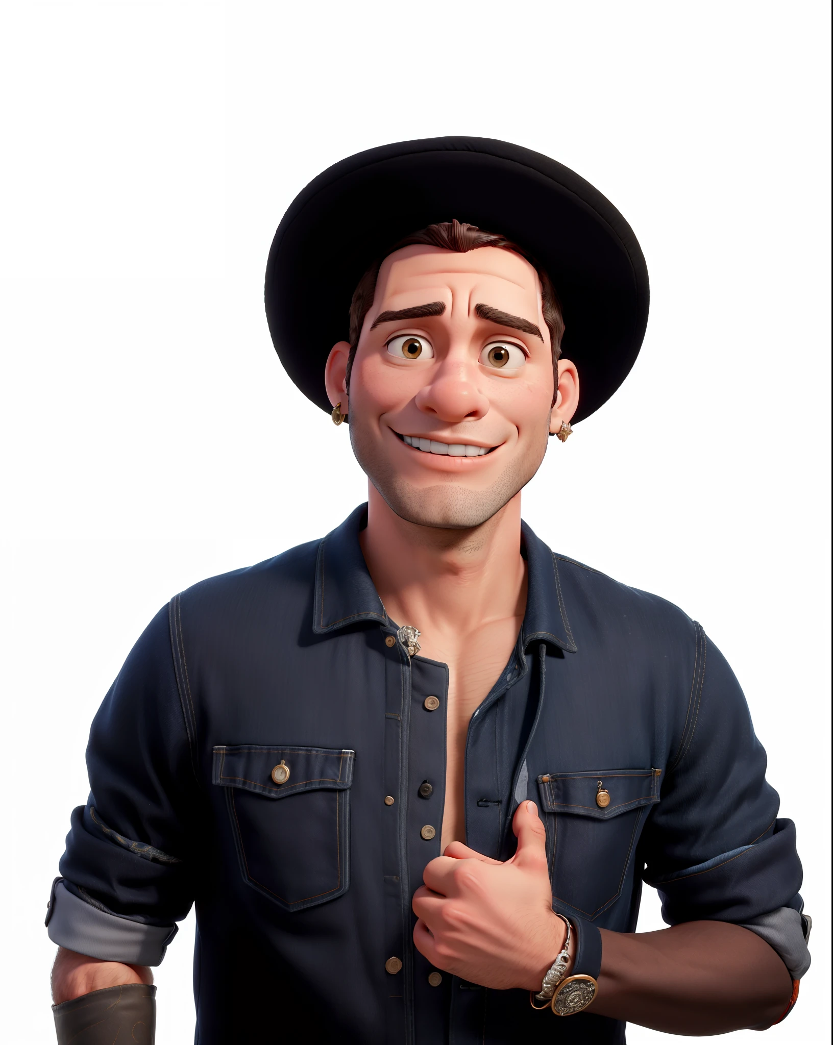 Obra-prima, de melhor qualidade, um homem pardo, de jaqueta jeans escura, With small diamond earring and black felt pork pie hat