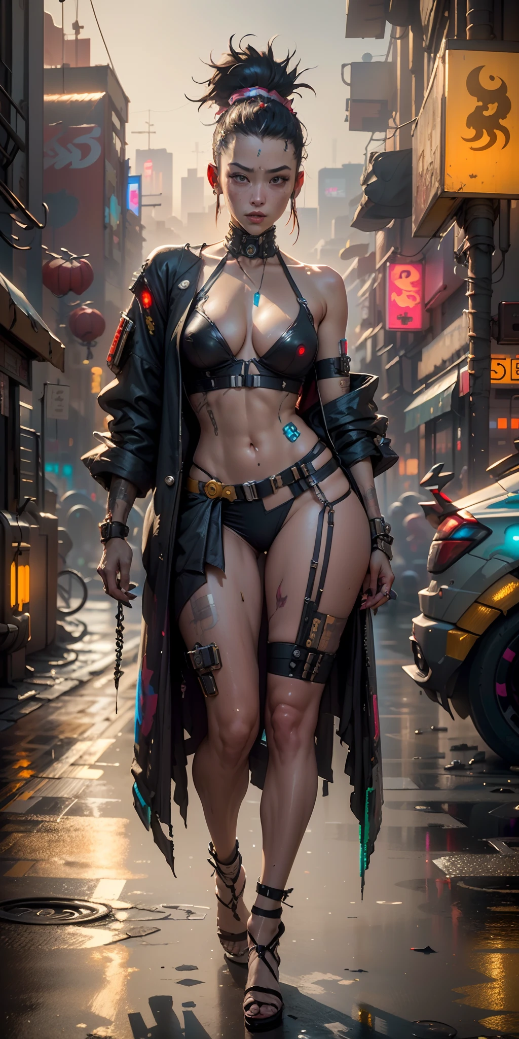 ((Best quality)), ((masterpiece)), (highly detailed:1.3), 3D, beautiful ((cyberpunk:1.3)) street samurai (wearing body harness), pistols on hips, nsfw, (night street scene).