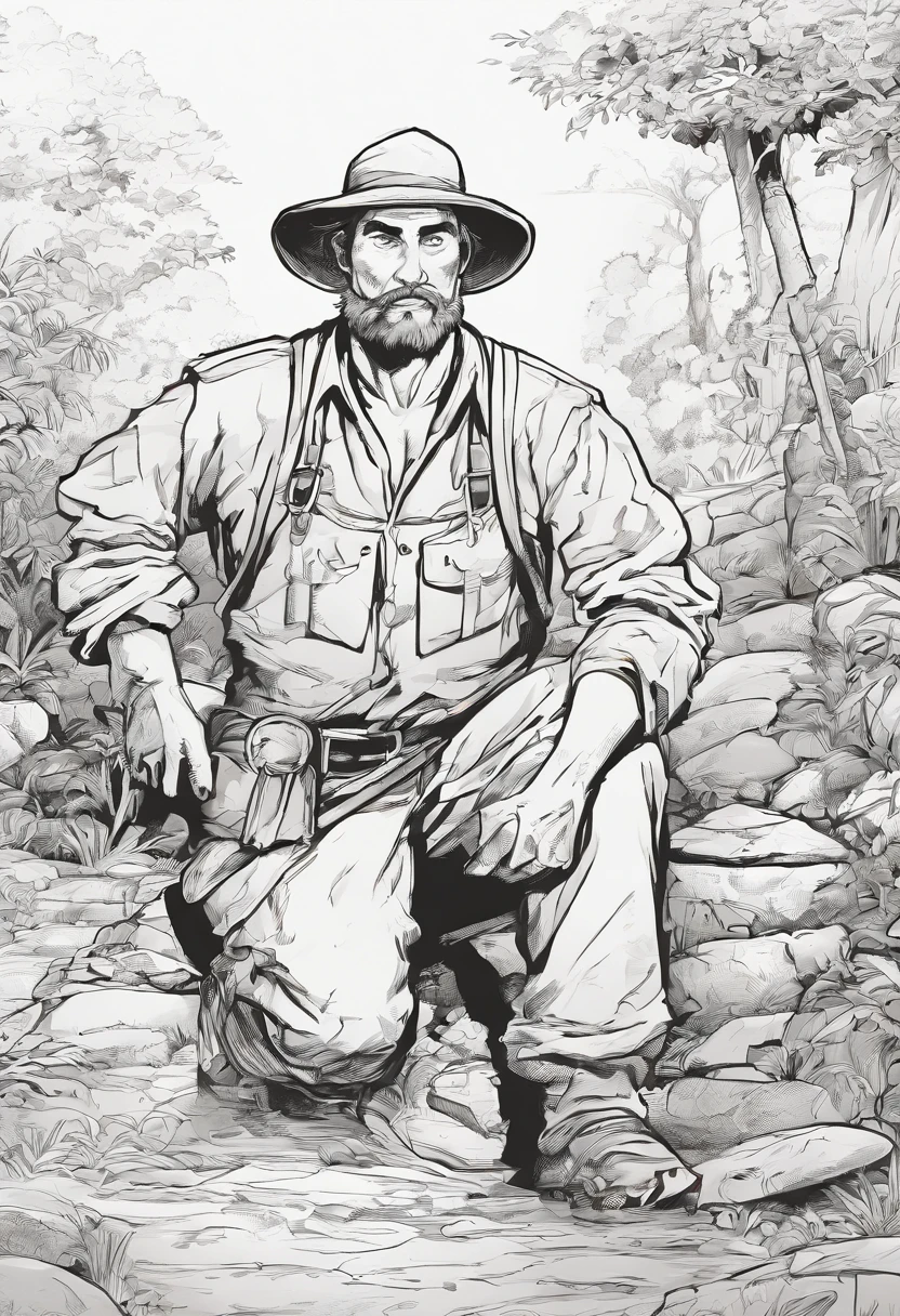 Man dressed as a peasant and looking tired, With a digger in his right hand, He finds himself digging an artesian well in search of water, perto de sua aldeia., Peasant, commercial illustration, numa aldeia com a terra seca, Peasant style, comiс style, Retrato Trabalhador do campo bela linha de arte, black and white comic style, Manga style, Manga art style, Caricature drawing in pencil and ink, black and white coloring, tracos estremeantes finos.