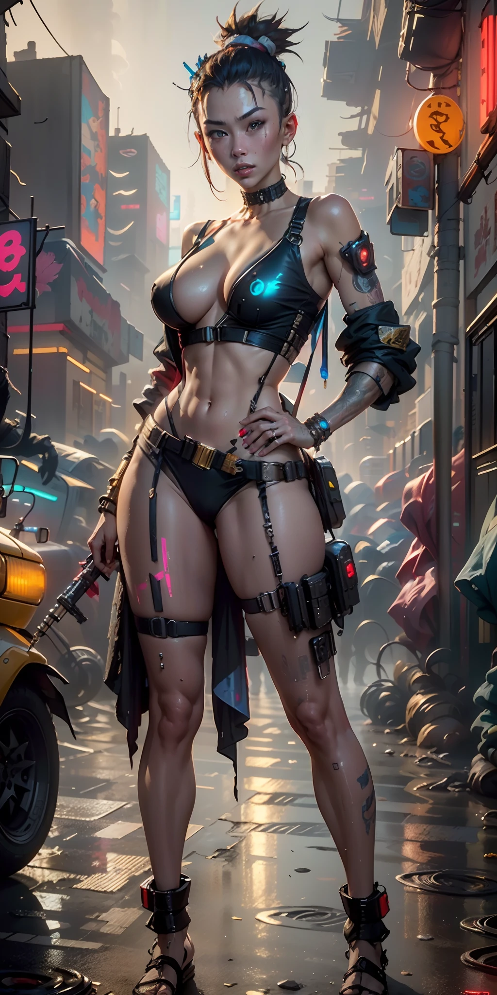 ((Best quality)), ((masterpiece)), (highly detailed:1.3), 3D, beautiful ((cyberpunk:1.3)) street samurai (wearing body harness), pistols on hips, nsfw, (night street scene).