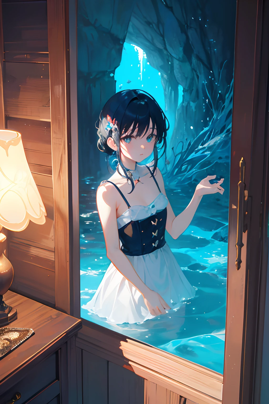 Create exquisite illustrations reminiscent of Makoto Shinkai's style, It has ultra-fine details and top-notch quality. Create captivating illustrations featuring fantastical houses standing on the seabed, A warm light that illuminates the seabed with nostalgic light. in a house, The girl with a strange feeling in her eyes、You are staring at the enchanting underwater world that surrounds you. From the window of the house、You'll see vibrant marine life, colorful corals, And magical creatures that inhabit the abyss, Everything is captured in intricate detail. This image is、It is necessary to evoke a sense of both innocence and curiosity as the girl explores the enchanting underwater realm.