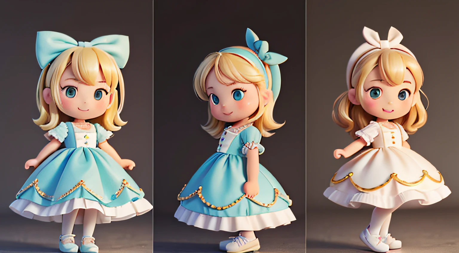 Create 6 profile pictures of (((Kamara))) SAME details BUT different expressions. , (((Kamara))) standing and facing front. (((Kamara))) is a 4-year-old, cute, same blonde hair, brown eyes, rosy cheeks, pastel blue vintage dress, a pastel blue bow headband, white shoes. white background. SAME character, SAME dress , SAME HAIR, SAME headband, SAME SHOES, SAME face. different poses. Best Quality. Show (full entire body, Including legs)