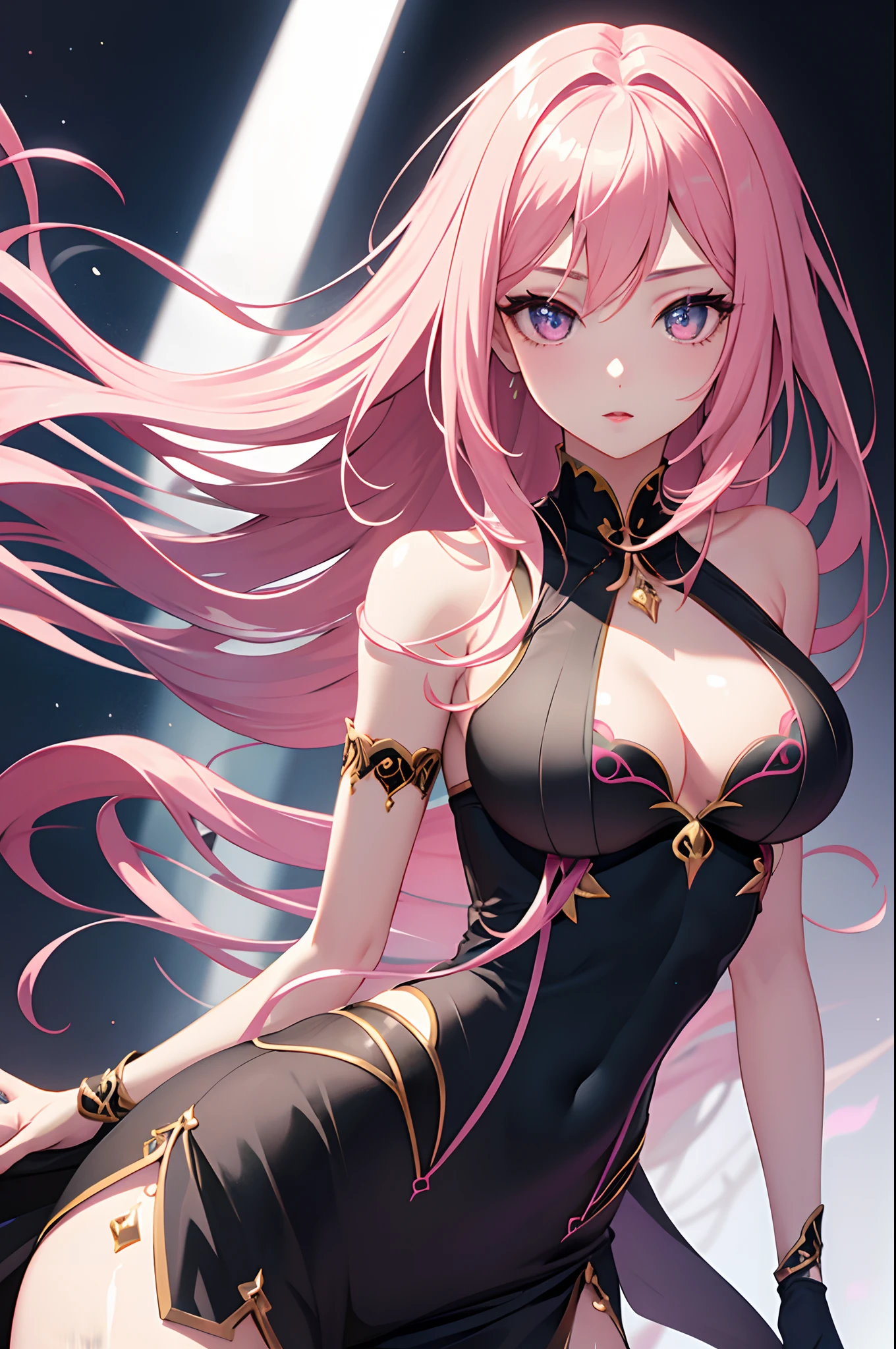 1girl, anime, cute girl, blank background, white background, fantasy, detailed dark fantasy dress with highlights, beautiful face, beautiful eyes, dark colors, long pink hair, medium breasts, slight cleavage, beautiful skin, cute, breast curtains, extremely delicate and beautiful, (beautiful detailed face:1.0), (detailed deep eyes), symmetrical breasts, deep eyes, shiny skin, portrait, slender waist, hips wider than shoulders, thighs, young girl, expressionless