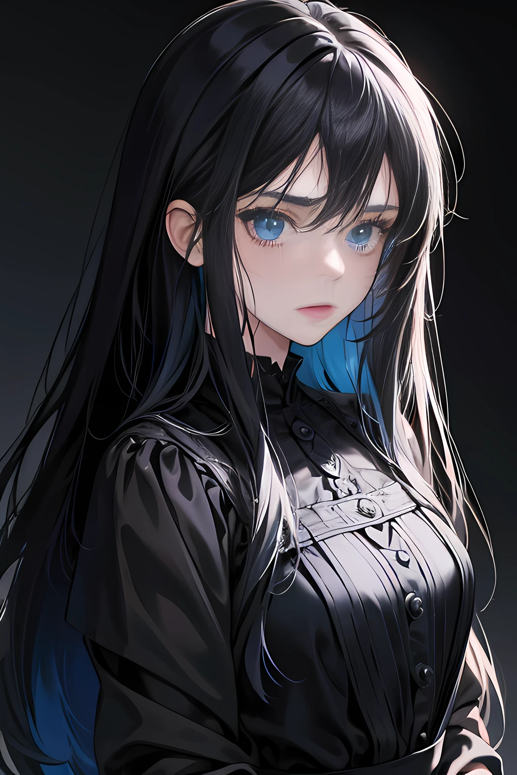 1 girl, high res, long black hair, blue eyes, wearing cute black dress, darkness, hesitation, scared, dark background, ultrasharp, 8K, masterpiece, close up