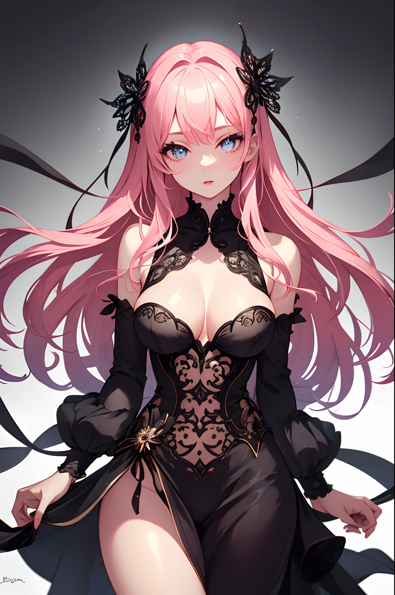 1girl, anime, cute girl, blank background, white background, fantasy, detailed dark fantasy dress with highlights, beautiful face, beautiful eyes, dark colors, long pink hair, medium breasts, slight cleavage, beautiful skin, cute, breast curtains, extremely delicate and beautiful, (beautiful detailed face:1.0), (detailed deep eyes), symmetrical breasts, deep eyes, shiny skin, portrait, slender waist, hips wider than shoulders, thighs, young girl, expressionless