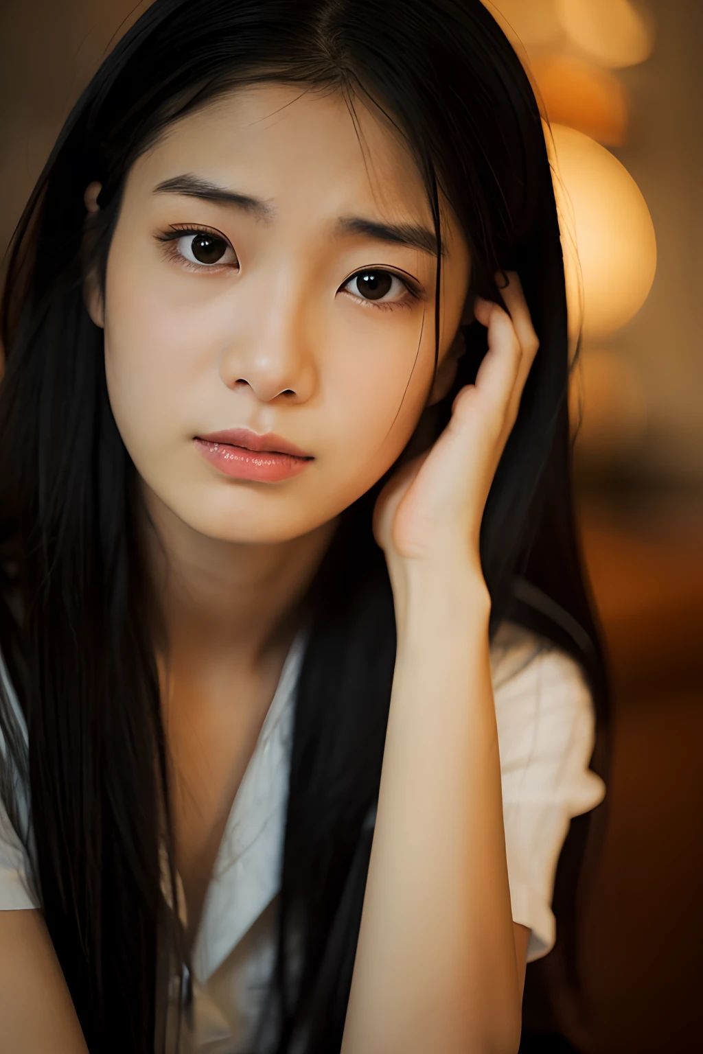 Photo of a young Asian woman with long, flowing jet-black hair. Her eyes, glistening with unshed tears, convey a deep sense of melancholy. Her lips are slightly parted, and her expression is one of longing and sorrow. The background is a dimly lit room with soft candlelight casting gentle shadows. Her face is directed straight at the camera, capturing the raw emotion of a heart in pain.