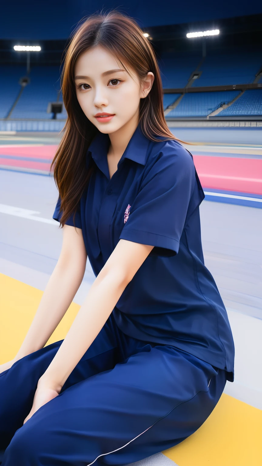 masterpiece, best quality, ultra realistic, hyper-detailed, 8k resolution, RAW photo, sharp focus, (2 girl play tennis), ((navy shirt:1.1)), short sleeves, long trackpant, perfect body, 2 mature female, 18yo, cinematic light, Gym Wear, Sweatpants, long-haired