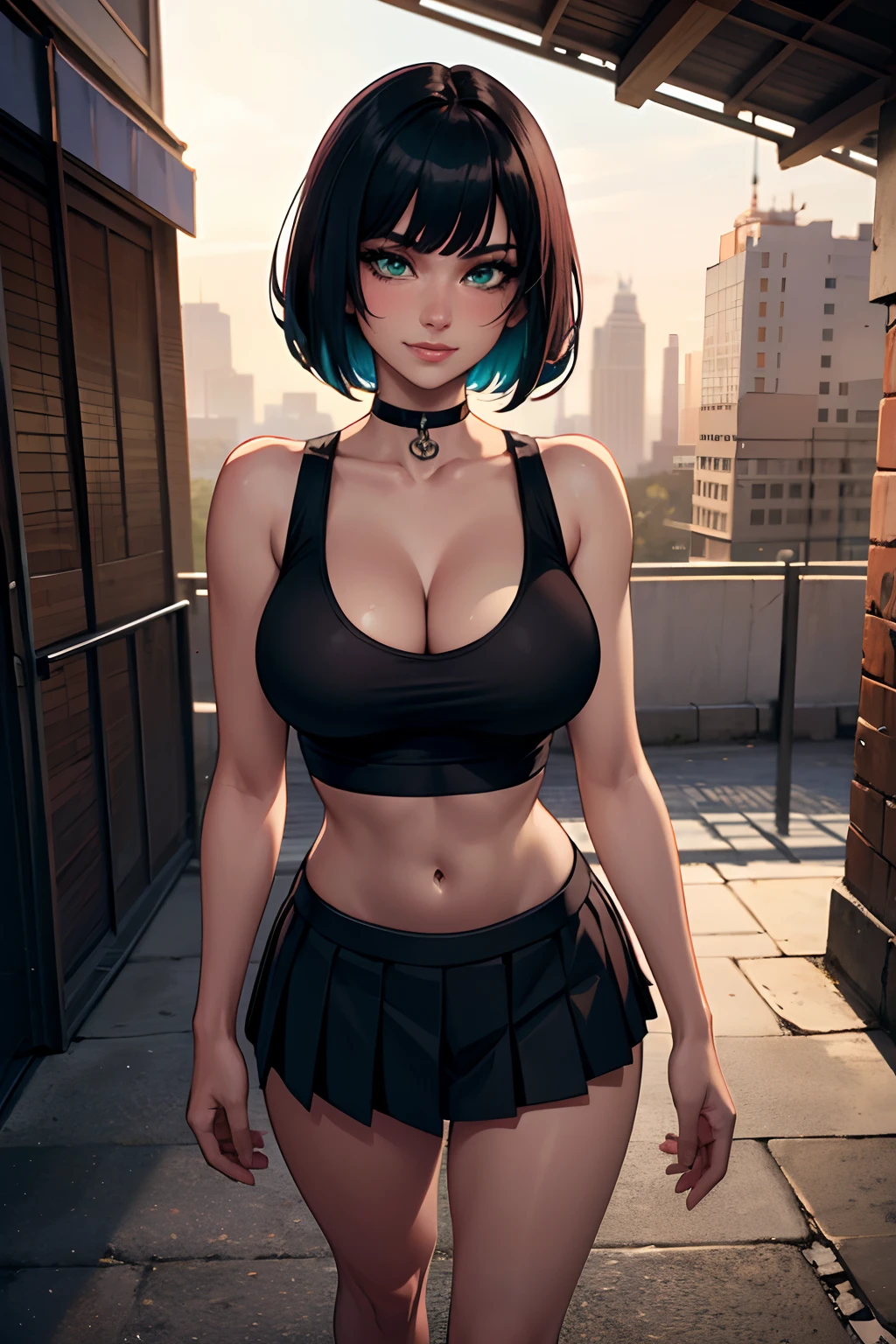Ultra High Resolution, UHD, absurderes, RAW photo, Masterpiece, Best Quality, 8K, ultra-photorealistic, (1 girl), intricate details, ultra-detailed, detailed face, detailed body, dramatic lighting, beautiful lighting, standing up, blushing, smile, green eyes, gorgeous eyes, short hair, bob hair, bangs, black choker, crop top, (black tank top), (black hair), (black pleated mini skirt), in park, gorgeous face, gorgeous girl, large breasts, cleavage, hourglass body, gorgeous body, vivid colors, full body view, sharp focus