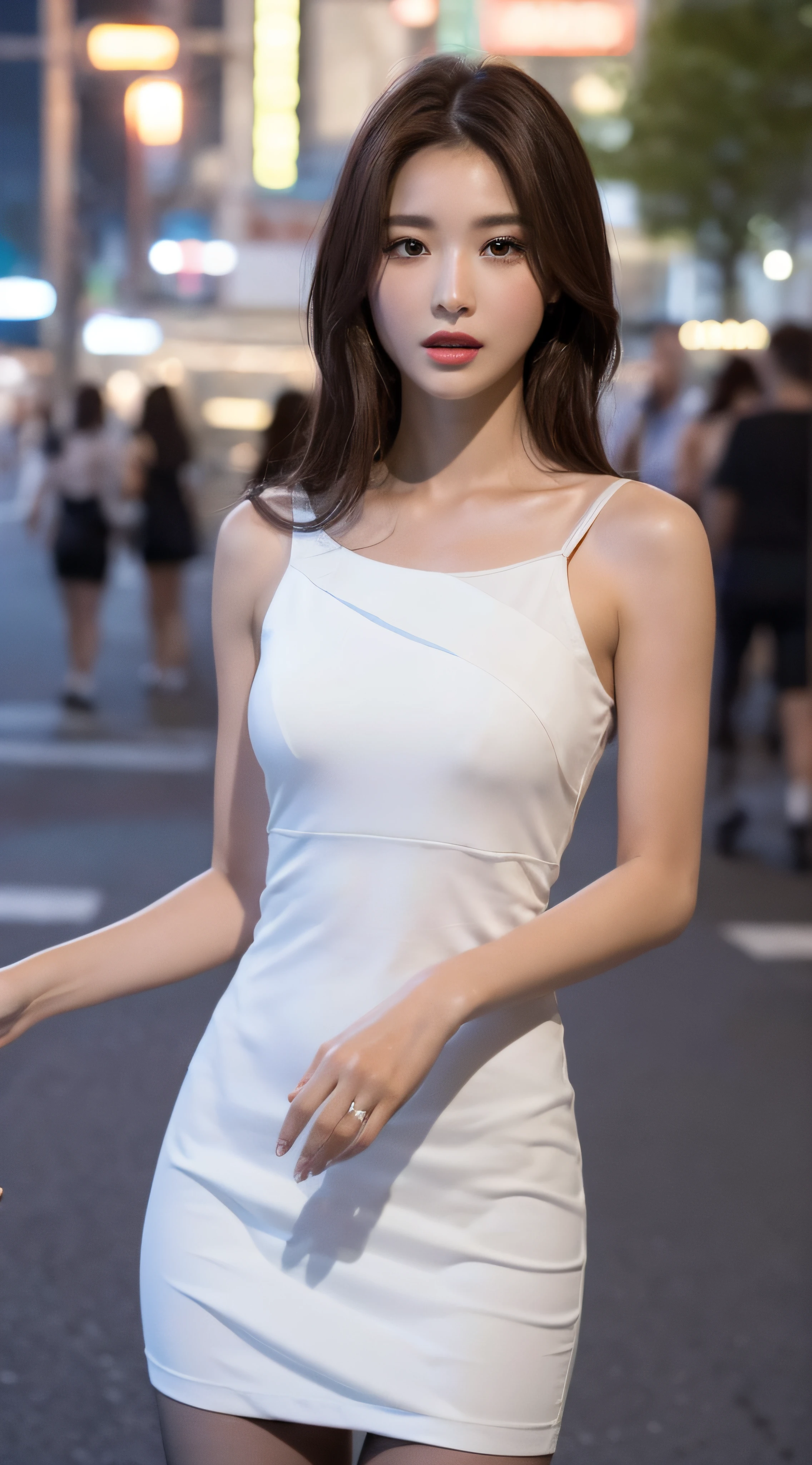 ((Realistic lighting, best qualtiy, 8k, tmasterpiece:1.3)), sharp fokus:1.2, 1girl, Beautiful Women with Perfect Figure:1.4, Slim abs:1.1, ((dark brown hair)), (white dresses:1.4),(inside in room,Warm yellow tones:1.1),Everyday home,Ultra-fine face,Fine eyes,二重まぶた,(Knee-length black stockings:1.5)
