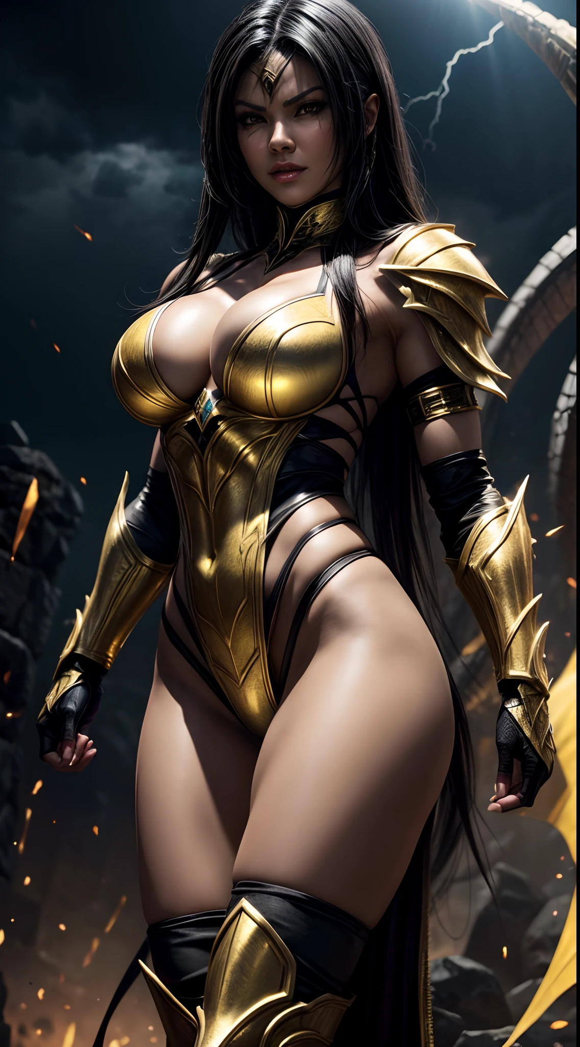 Mileena, from mortal Kombat,in golden armor , massive perfect breast, lightning, background, mortal Kombat dragon,
