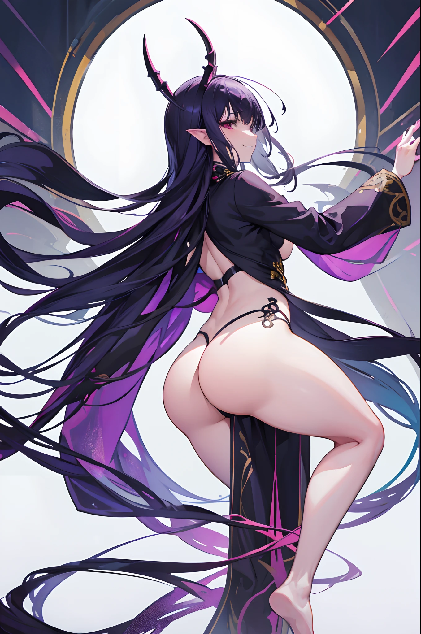 Carefully draw the face High-quality faces in anime style String Suit Bare legged huge tit Big ass Whip thighs seductiv a smile succubus Rear view