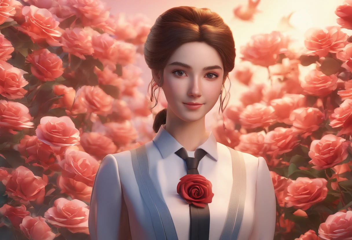 brown-brown hair, Black eyes, Fair skin, Goose egg face, Atmospheric facial features, tall, Confidence and Powerful, Toned and plump, High School Girls, School uniform, coiled hair, Hair bun, With hairpin, Red Rose, Blue butterfly, White rabbit, billboard, Official Quality, Mysterious, Light and shadow, correct proportions, aesthetics, Atmosphere,