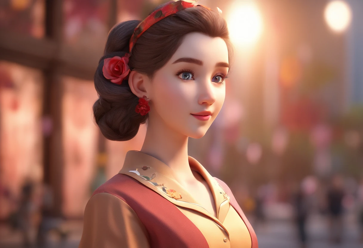 brown-brown hair, Black eyes, Fair skin, Goose egg face, Atmospheric facial features, tall, Confidence and Powerful, Toned and plump, High School Girls, School uniform, coiled hair, Hair bun, With hairpin, Red Rose, Blue butterfly, White rabbit, billboard, Official Quality, Mysterious, Light and shadow, correct proportions, aesthetics, Atmosphere,