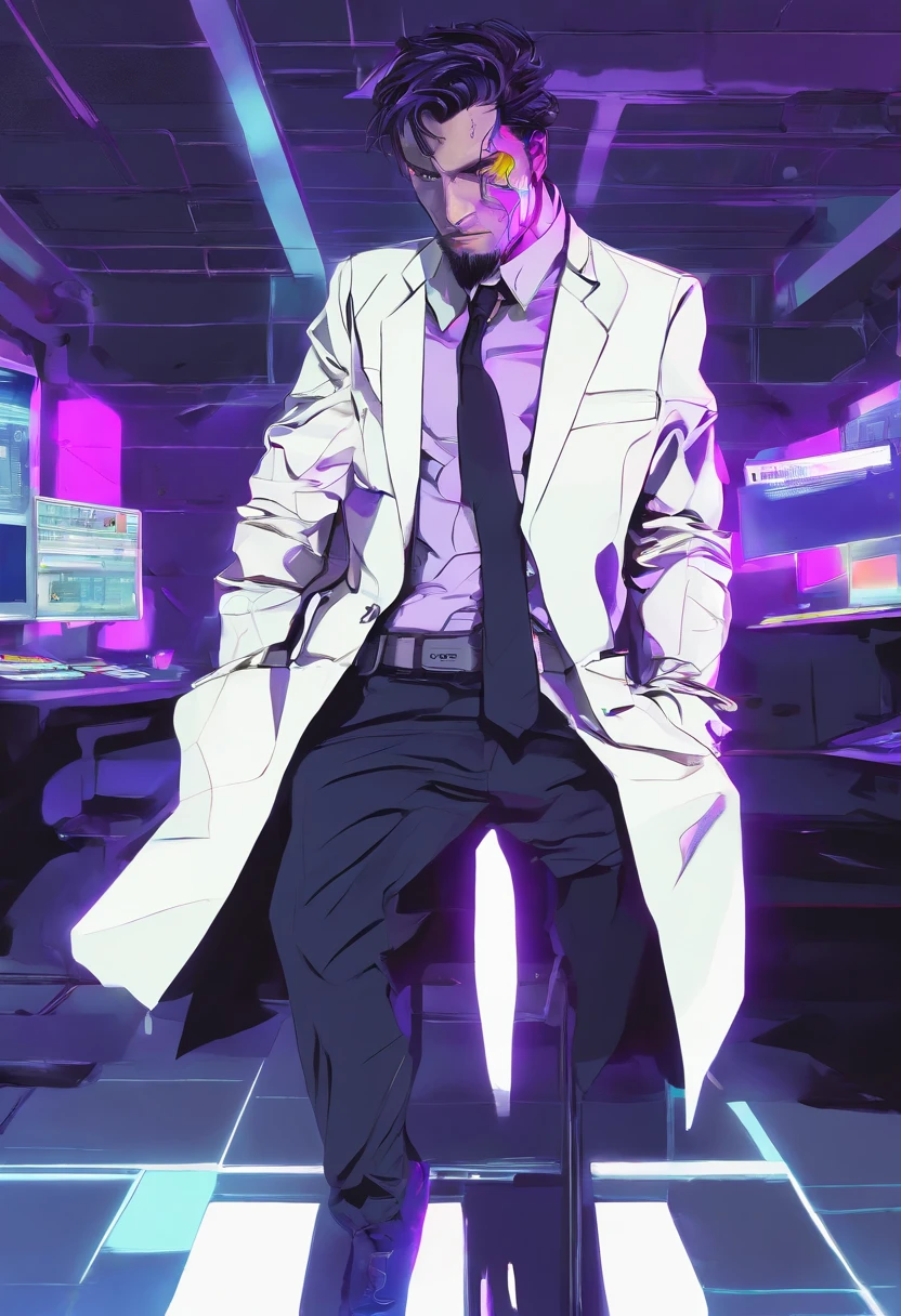 ((Skinny, lanky, normal, mid-30s, unshaven, white, ((American, pale skin, english)), male, businessman wearing a basic suit and tie, nose ring, tired, unhappy)), cowboy shot, (black short shaggy hair with purple highlights), ((sitting in their house)), (highly detailed photo realistic), sharp focus, ultra high quality, gloomy, masterpiece, (cinematic lighting), ((male))