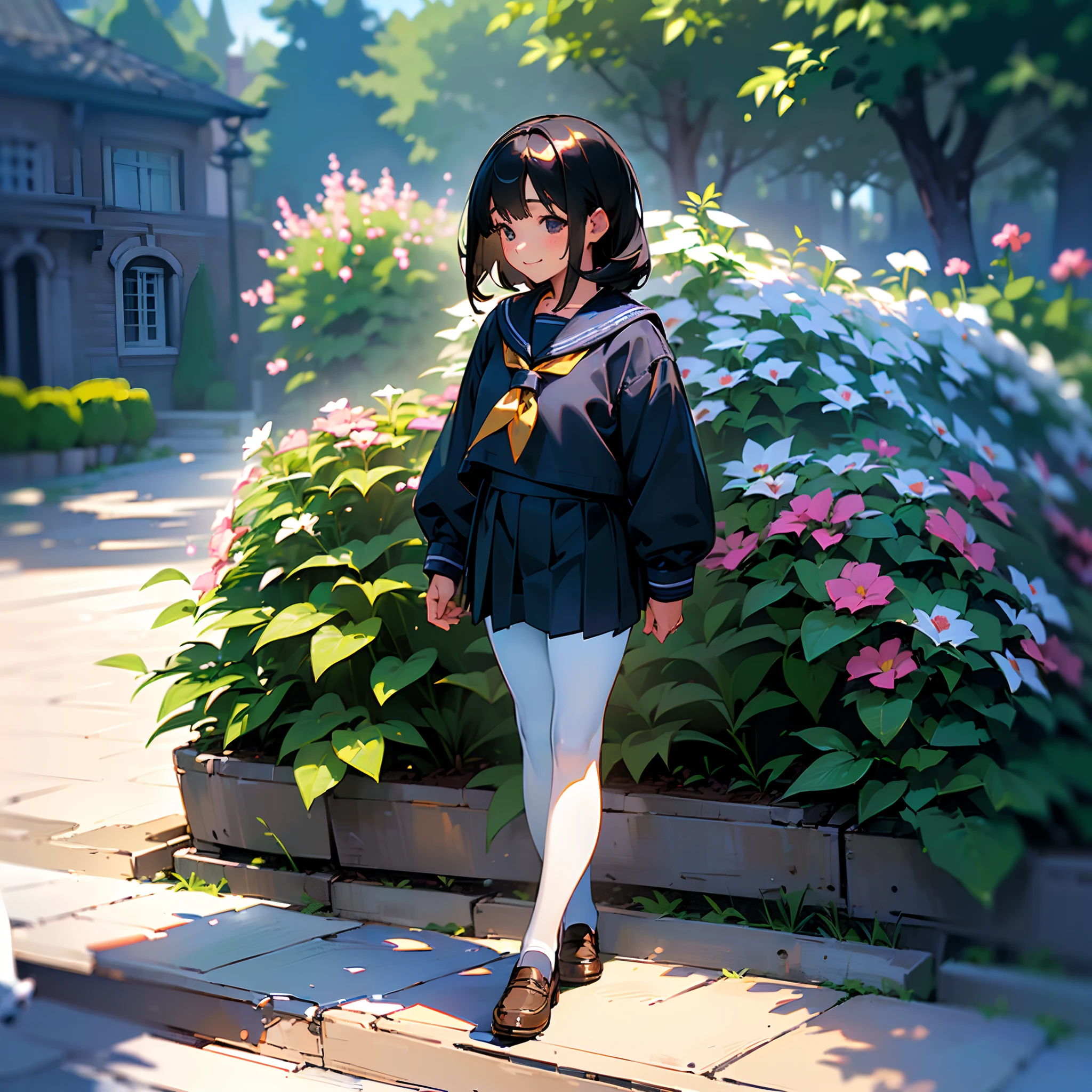 (Best Quality, hight resolution, Ultra-detailed, Realistic:1.37), peaceful ambiance, (plein air, garden), age girl standing alone, Beautiful detailed features, Cute smile, ((Black bob hair)),Navy blue sailor suit, Pleated skirt,White tights,Brown leather shoes.