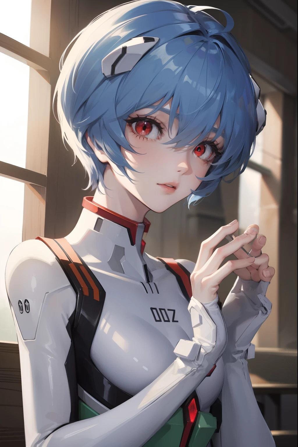 reiayanami, rei ayanami, blue hair, short hair, (red eyes:1.5),
BREAK bodysuit, headgear, plugsuit, white bodysuit,
BREAK outdoors, city,
BREAK looking at viewer, 
BREAK (masterpiece:1.2), best quality, high resolution, unity 8k wallpaper, (illustration:0.8), (beautiful detailed eyes:1.6), extremely detailed face, perfect lighting, extremely detailed CG, (perfect hands, perfect anatomy),