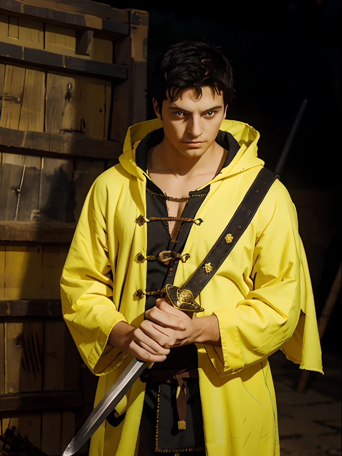 20 year old man,black hair, yellow eyes, background black mist,sawhorse,Medieval nomad clothing,holding the hilt of the sword with the right hand, left hand holding nothing,hd resolution