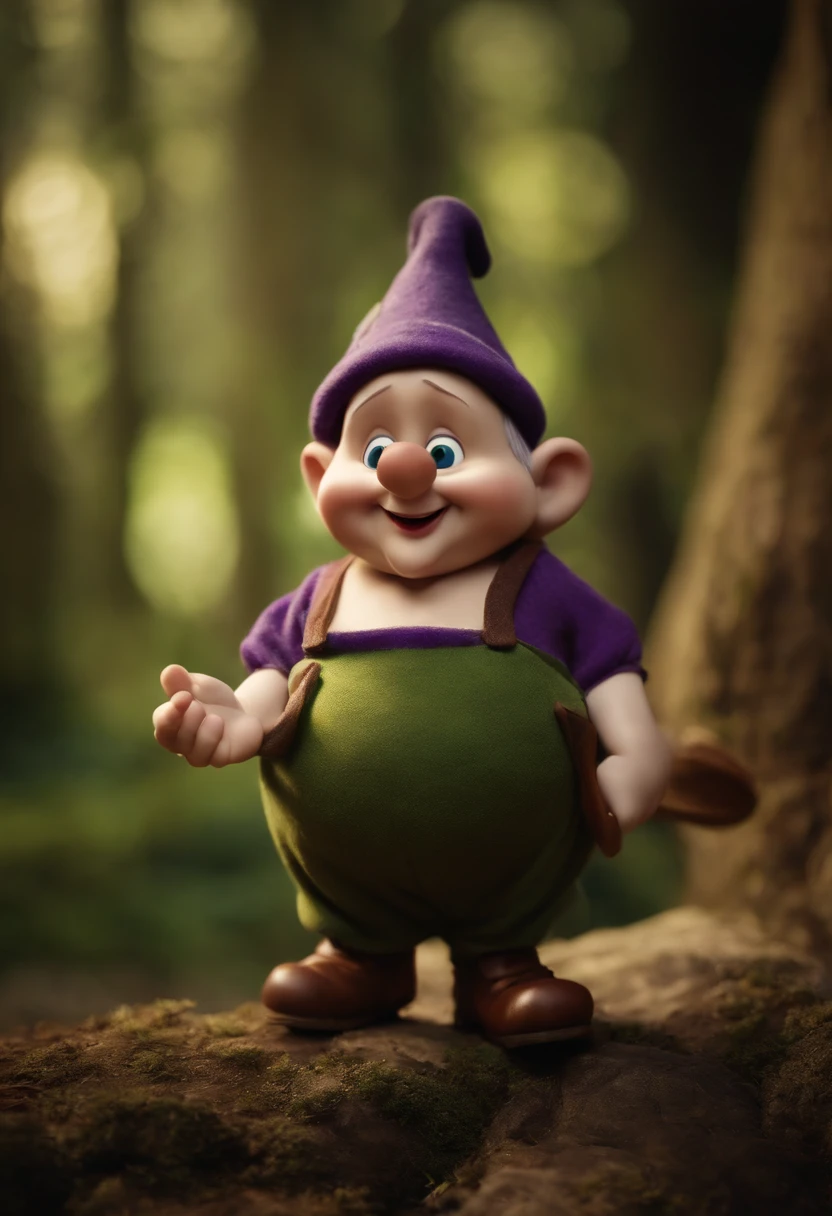 Dopey is one of Snow White's 7 Dwarfs,
He's small, tem orelhas grandes e 
usa uma camisa verde-clara, 
A purple hat and brown shoes.