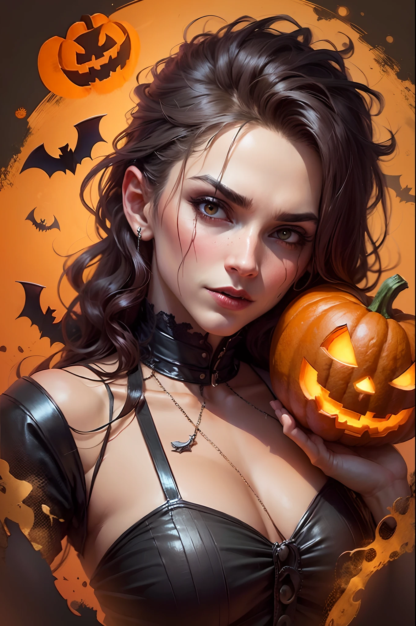 In a medieval Halloween background there is a male vampire who hands a carved Halloween pumpkin. --auto --s2