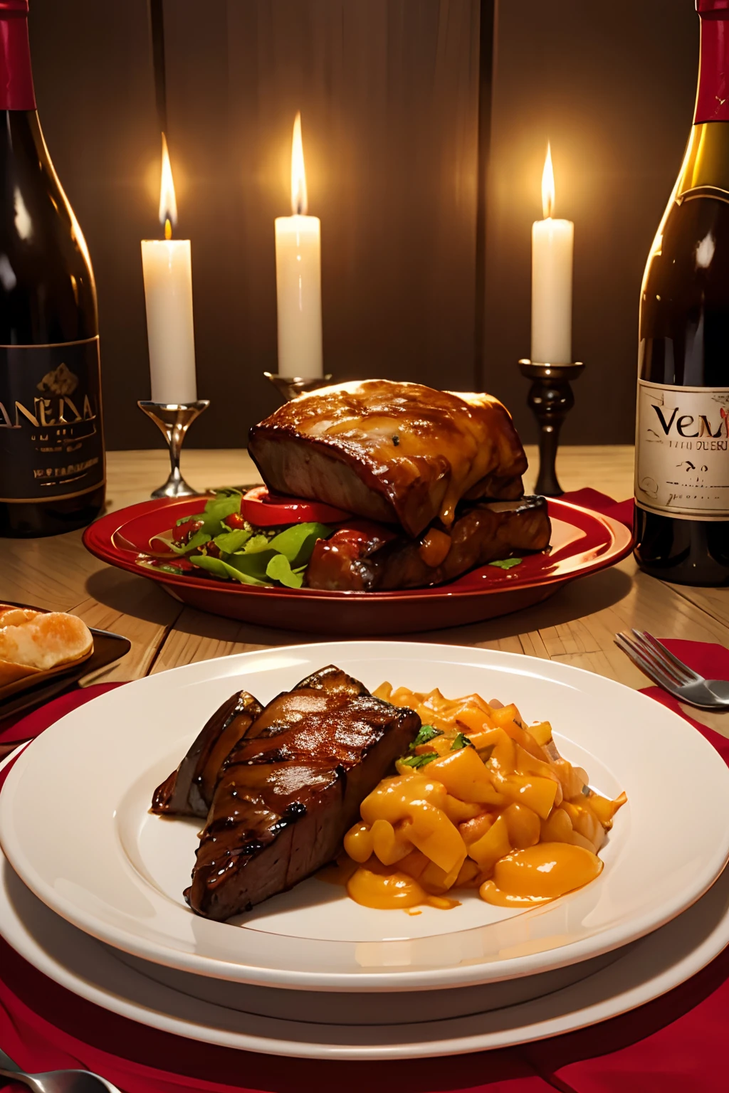 Chapeuzinho Vermelho, lareira, mesa de jantar, Bife com sangue, Velas, vinho tinto