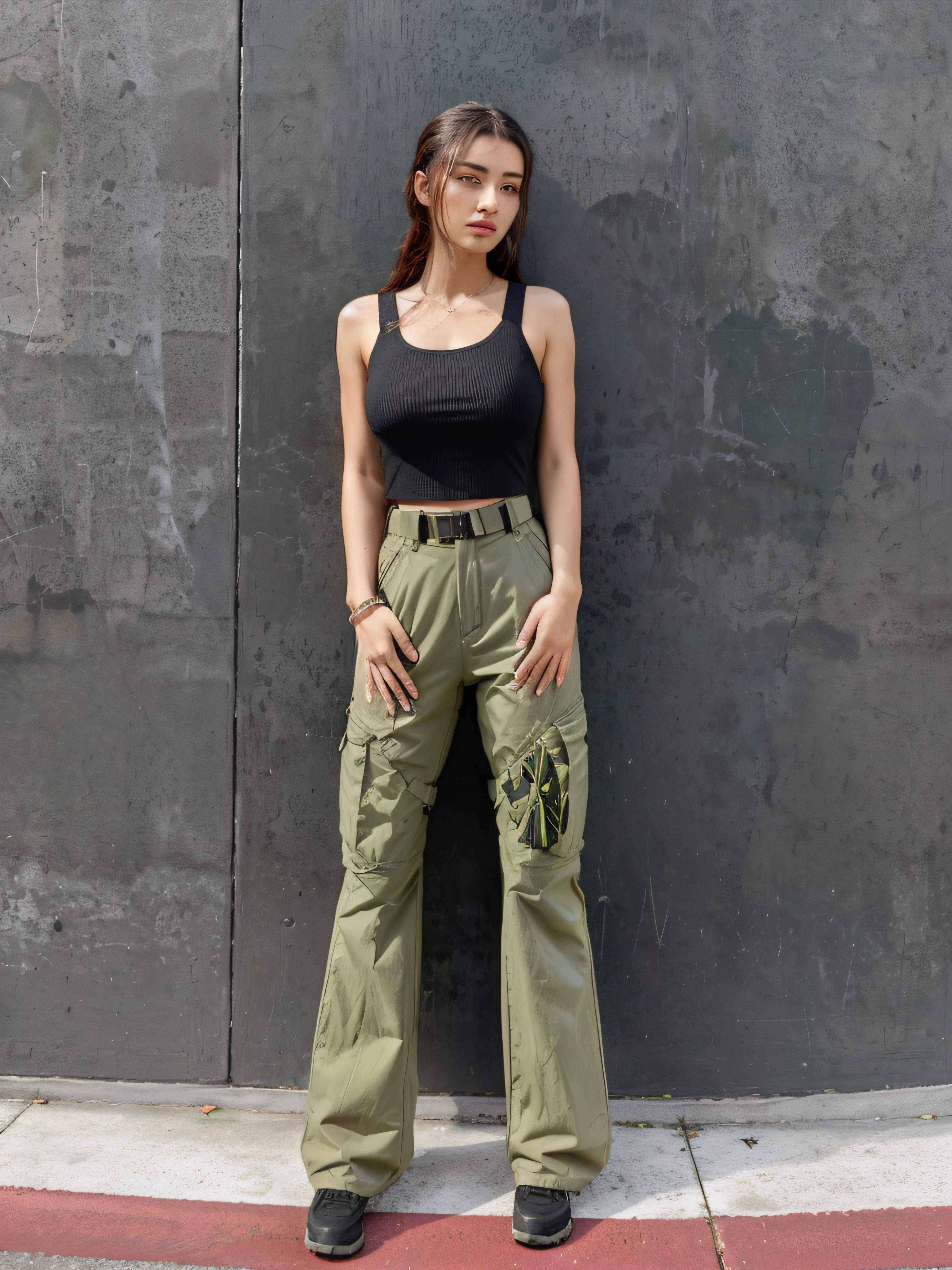 arafed woman in black top and green pants standing in front of a wall, wearing cargo pants, cargo pants. cyberpunk city, cargo pants, military pants, y 2 k style, y2k style, photograph of a techwear woman, army, with two front pockets, full body length, waist high, large pants, cyberpunk style outfit