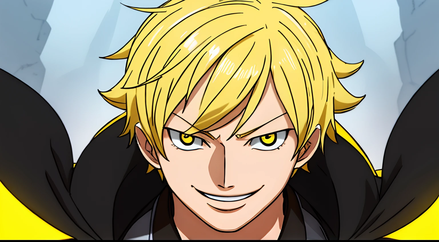 1boy, wanostyle, smiling, looking at viewer, solo, upper body, ((masterpiece)), (best quality), (extremely detailed), depth of field, sketch, sharp focus, soft lighting, hdr, colorful, good composition, sunny background, spectacular, black and yellow scientist coat, anime screencap, blonde hair, ready to fight, yellow eyes, young, detailed eyes, black outfit, short hair