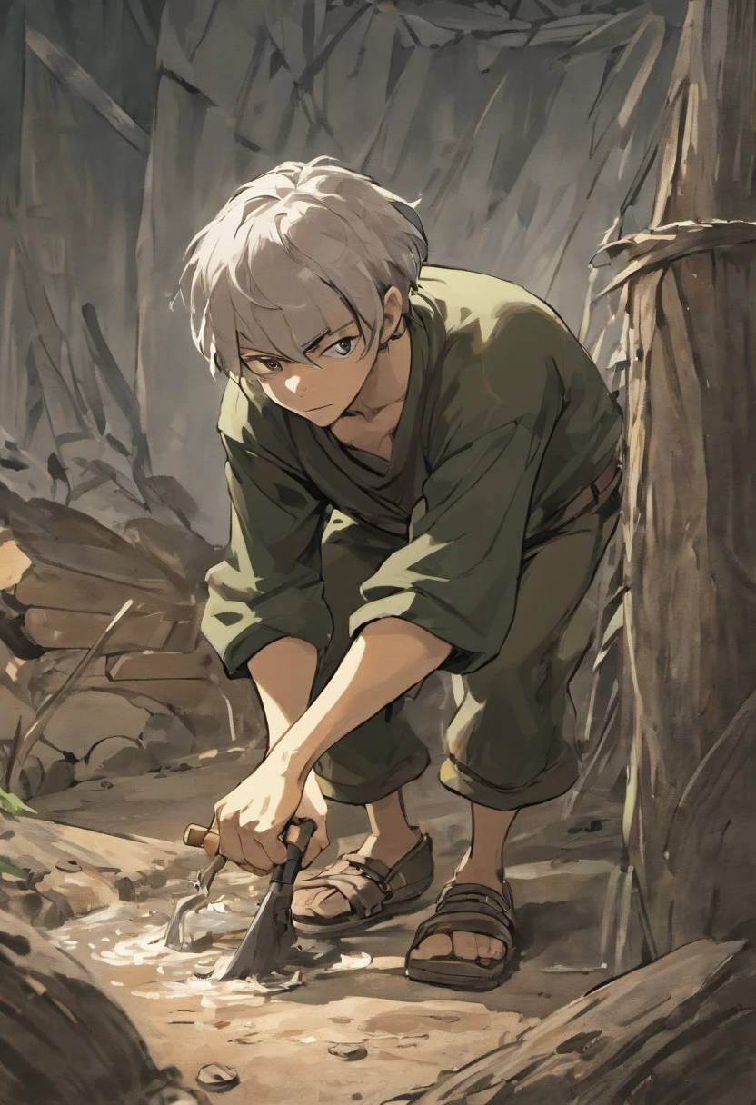 A black and white commercial illustration of a man dressed as a peasant, parecendo cansado, Holding a digger in his right hand. He is digging an artesian well in search of water, localizado perto de sua aldeia. The village is depicted in a rustic way, com terra seca ao redor. The image should have a comedic style, with fine strokes and a touch of manga.
O trabalhador do campo deve ser retratado em detalhes, with his facial expression demonstrating fatigue and determination in his task. A imagem deve ser em preto e branco, with a pencil and ink caricature drawing style. Be sure to capture the peasant's effort as he digs, symbolizing resilience in the face of the challenges of village life."