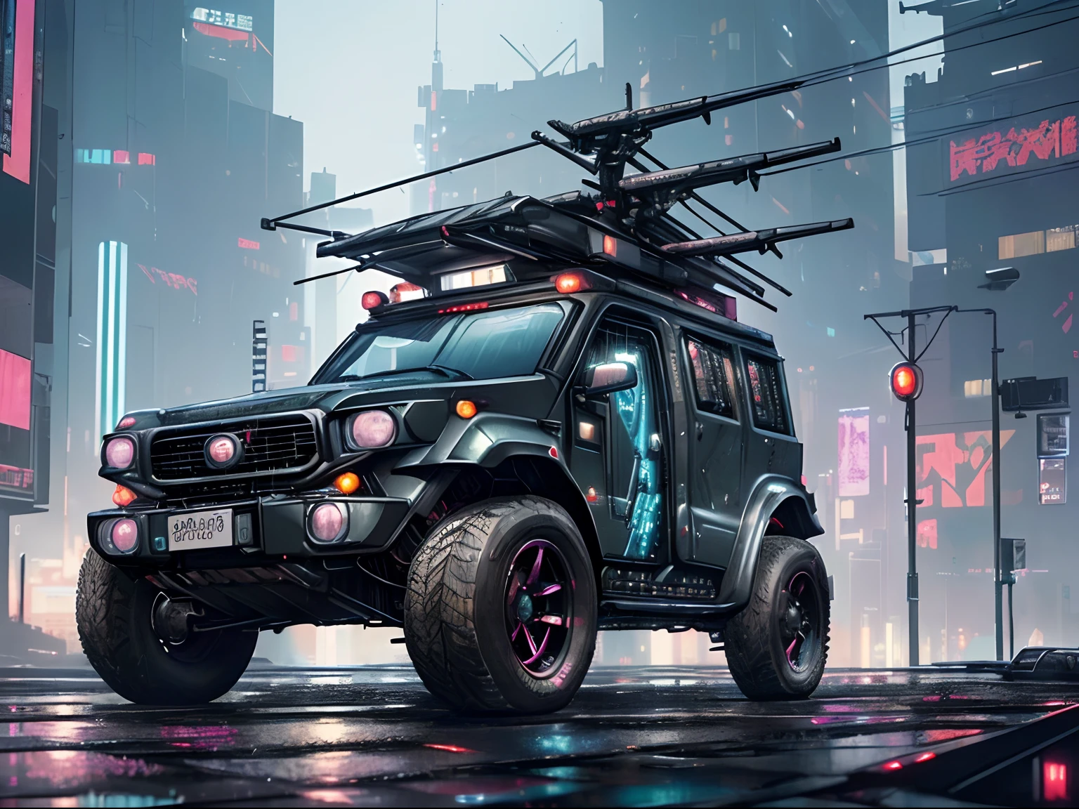 (late at night raining:1.3), (detailed beautiful skin textures, detailed beautiful face, ultra detailed clothing textures), , (Cyberpunk:1.4), , (an ultra detailed (cyberpunk custumed:1.5) and 2-doors (very small utility vehicle:1.5) with (loads on roof racks:1.3) and (cargo on the back:1.3) and letter-tyres:1.3), , (3/4 front view, The car is in the right corner of the frame), (at a parking area, an ultra detailed Night City of Cyberpunk), (All cars are cyberpunk cars:1.2), , (softlighting) , (masterpiece, best quality:1.4, 8k, ultra detailed, illustration, distinct_image, intricate_details, delicate illustration), (realistic:0.15),