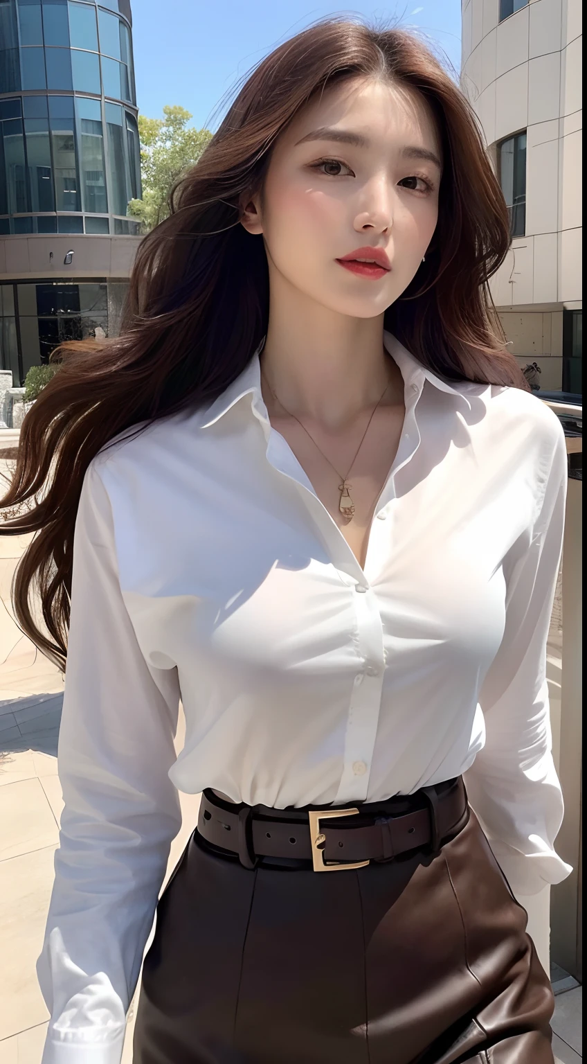 (Best quality, High resolution, Masterpiece :1.3), A tall and pretty woman, Slender abs, Dark brown hair styled in loose waves, Breasts, Wearing pendant, White button up shirt, Belt, Black skirt, (Modern architecture in background), Details exquisitely rendered in the face and skin texture, Detailed eyes, Double eyelid