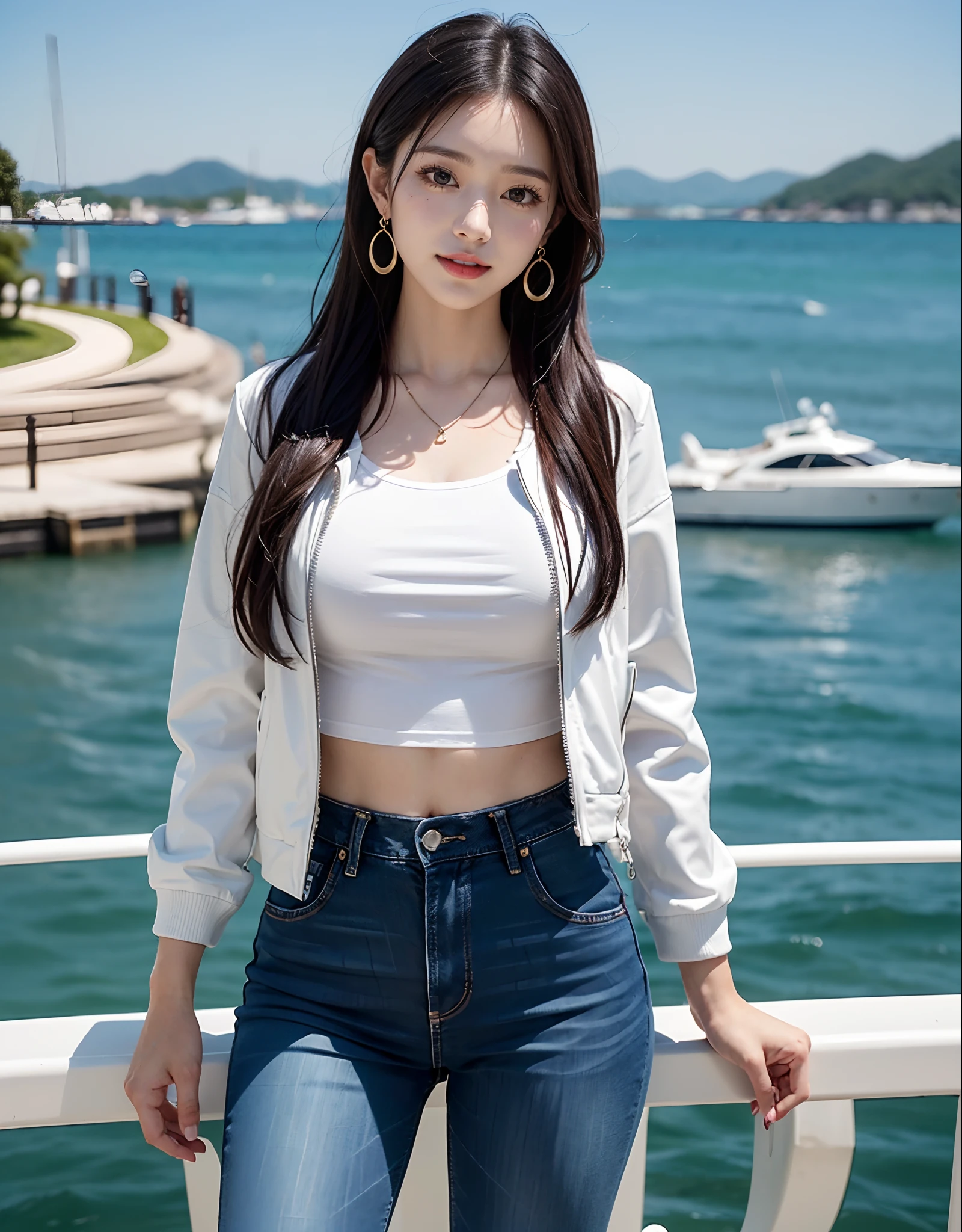 Standing on the deck of a yacht, Korean Girl, (1Girl, Solo), 23 years old, high ponytail, long black straight hair, Huge nature, a narrow waist, (Aqua earrings, Diamond necklace), attractive smile, white teeth, Hair fluttering in the breeze, 

happy face, (Wearing a biker leather jacket, T-shirts and jeans), , 

(Full Body Shot), (posando, [Very] Sexy Pose), cinematic shots, 

(Normal body structure), (precise proportions), (Normal limbs and fingers), better_hands, 
(Masterpiece, Best Quality:1.4), (beautiful, aesthetic, perfect, Delicate, intrikate:1.2), (realisitic:1.3), Kwon Dynasty