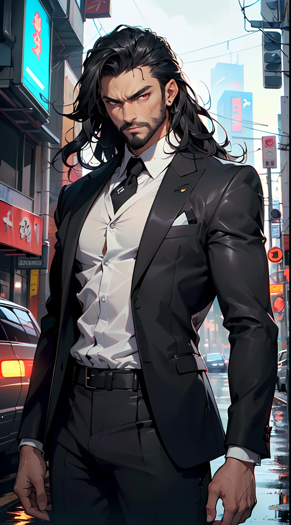 (man:1.5),1 man,mafia boss man,(((1man))),((man with black hair)),

55 years old, male character, black hair, ((slightly long hair:1.3)), ((full beard:1.3,black beard)), serious face, demon king,muscular body,heavy muscular body,((mafia boss)),((tall statue)),

(((1male,male,male gender:1.5,male focus))),macho man,villain,evil villain,

(((lustrous skin:1.5,tanned skin,bright skin: 1.5,skin tanned,shiny skin,very shiny skin,shiny body,illuminated skin))),(((red_eyes:1.2))),intricate eyes,beautiful detailed eyes,symmetrical eyes,((man chest)),((muscular)),male jaw,(((detailed face))),

manly,nsfw,

cyberpunk mafia boss, ((mafia boss suit:1.5)), futuristic mafia boss,((bulge in pants)),((black suit:1.2)),(elegant suit),((wet clothes,intricate outfit,intricate clothes,intricate suit)),

(dynamic pose:1.0),solo focus,((smug)),(centered,scale to fit dimensions,Rule of thirds),

cyberpunk city by the ocean at night, with bright neon signs and dark stormy clouds and puddles, scenery:1.25,

highres, sharp focus, (ultra detailed, extremely detailed), (photorealistic artwork:1.37),(extremely detailed CG unity 8k wallpaper),((synthwave background theme)),(((vibrant colors))),(intricate background),(masterpiece),(best quality),