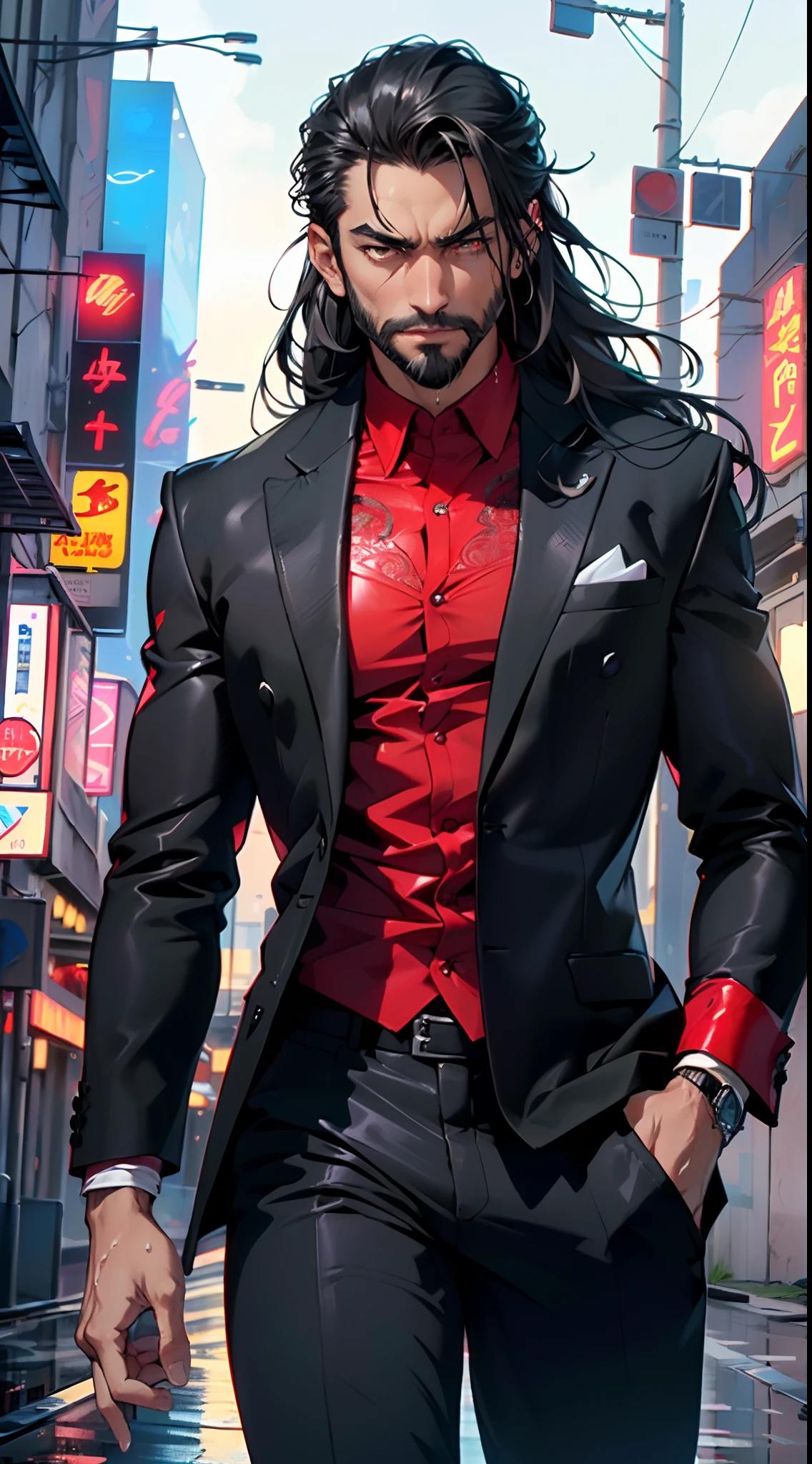 (man:1.5),1 man,mafia boss man,(((1man))),((man with black hair)),
55 years old, male character, black hair, ((slightly long hair:1.3)), ((full beard:1.3,black beard)), serious face, demon king,muscular body,heavy muscular body,((mafia boss)),((tall statue)),
(((1male,male,male gender:1.5,male focus))),macho man,villain,evil villain,
(((lustrous skin:1.5,tanned skin,bright skin: 1.5,skin tanned,shiny skin,very shiny skin,shiny body,illuminated skin))),(((red_eyes:1.2))),intricate eyes,beautiful detailed eyes,symmetrical eyes,((man chest)),((muscular)),male jaw,(((detailed face))),
manly,nsfw,
cyberpunk mafia boss, ((mafia boss suit:1.5)), futuristic mafia boss,((bulge in pants)),((black suit:1.2)),(elegant suit),((wet clothes,intricate outfit,intricate clothes,intricate suit)),
(dynamic pose:1.0),solo focus,((smug)),(centered,scale to fit dimensions,Rule of thirds),
cyberpunk city by the ocean at night, with bright neon signs and dark stormy clouds and puddles, scenery:1.25,
highres, sharp focus, (ultra detailed, extremely detailed), (photorealistic artwork:1.37),(extremely detailed CG unity 8k wallpaper),((synthwave background theme)),(((vibrant colors))),(intricate background),(masterpiece),(best quality),