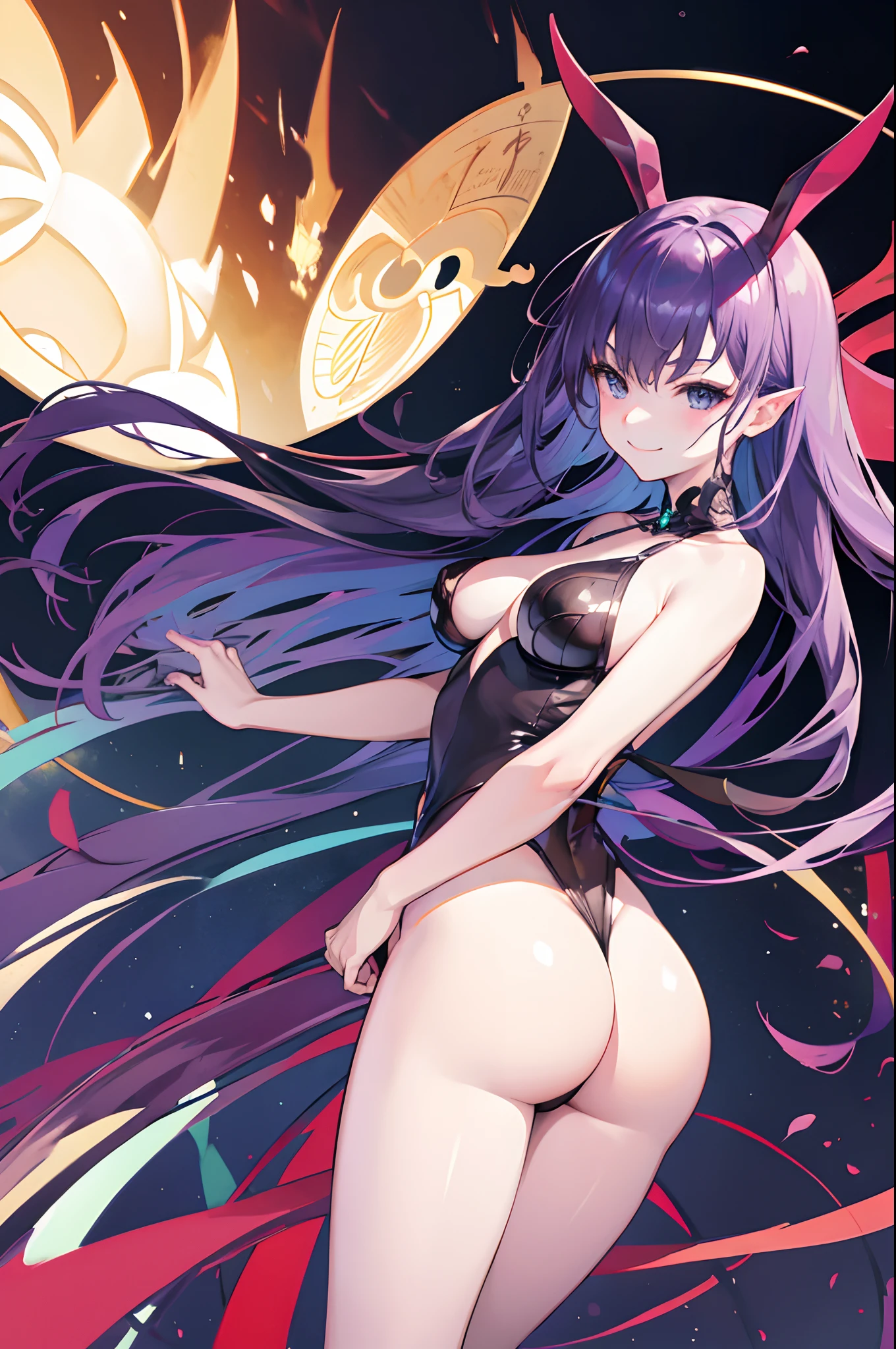 Carefully draw the face　High-quality faces in anime style　String Suit　Bare legged　huge tit　Big ass　Whip thighs　seductiv　a smile　succubus　Rear view