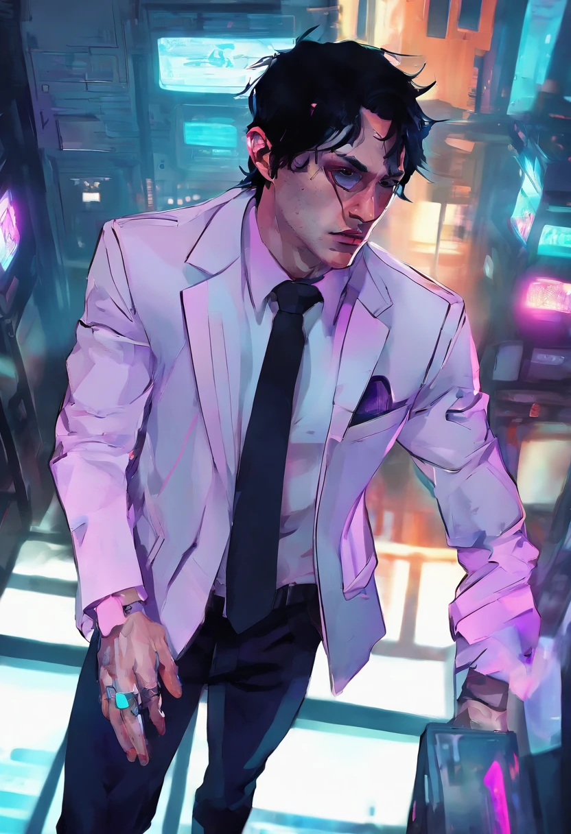 ((Skinny, lanky, normal, mid-30s, unshaven, white, ((American, pale skin, english)), male, businessman wearing a basic suit and tie, nose ring, tired, unhappy)), cowboy shot, (black short shaggy hair with purple highlights), ((sitting in their house)), (highly detailed photo realistic), sharp focus, ultra high quality, gloomy, masterpiece, (cinematic lighting), ((male))