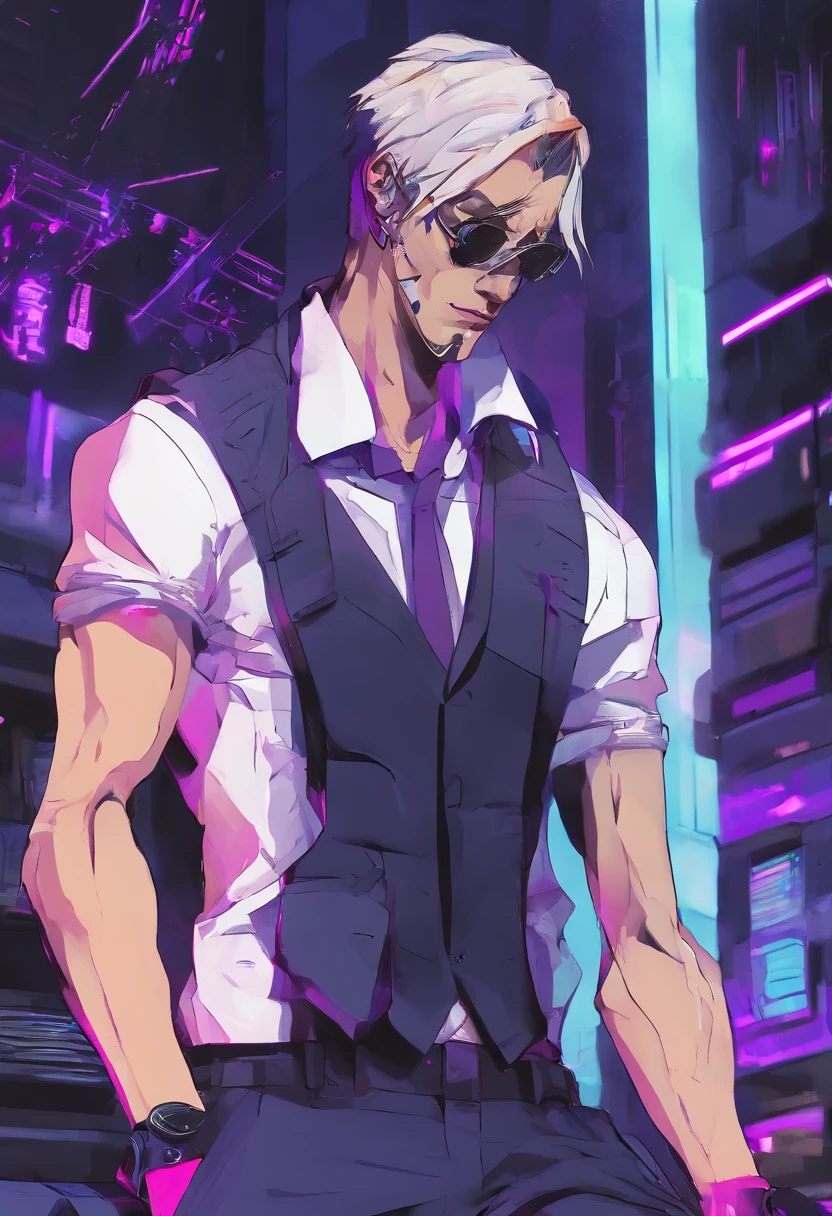 ((Skinny, lanky, normal, mid-30s, unshaven, white, ((American, pale skin, english)), male, businessman wearing a basic suit and tie, nose ring, tired, unhappy)), cowboy shot, (black short shaggy hair with purple highlights), ((sitting in their house)), (highly detailed photo realistic), sharp focus, ultra high quality, gloomy, masterpiece, (cinematic lighting), ((male))