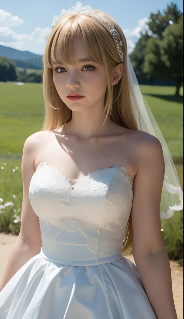 A girl,16 year old,european countryside,blonde,bangs bangs,pretty face,wedding dress,thick muscular arms