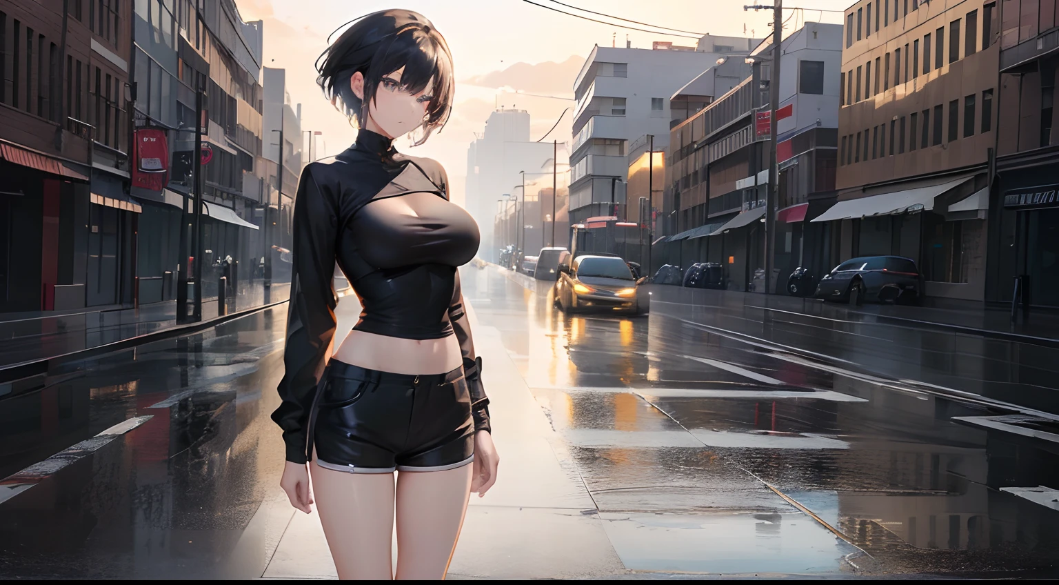 (masterpiece:1.2) (best quality) (detailed) (intricate) (8k) (HDR) (cinematic lighting) (sharp focus), (perfect face), ((( 1 girl ))), cool looking woman, short hair, tomboy, mature, expressive eyes, heterochromaia eyes , (perfect female proportions), (very large breasts), women loose shirt, with casual shorts, long legs, skinny legs, slim hips, tomboy, milfication, mature female, casual clothes, the loneliest girl, artistic, (golden hour), (rain, sad), luminism, serenity, Anime art, a contrast between the realistic and the absurd, Focused on Woman, chaotic, high creative, dynamic, informative