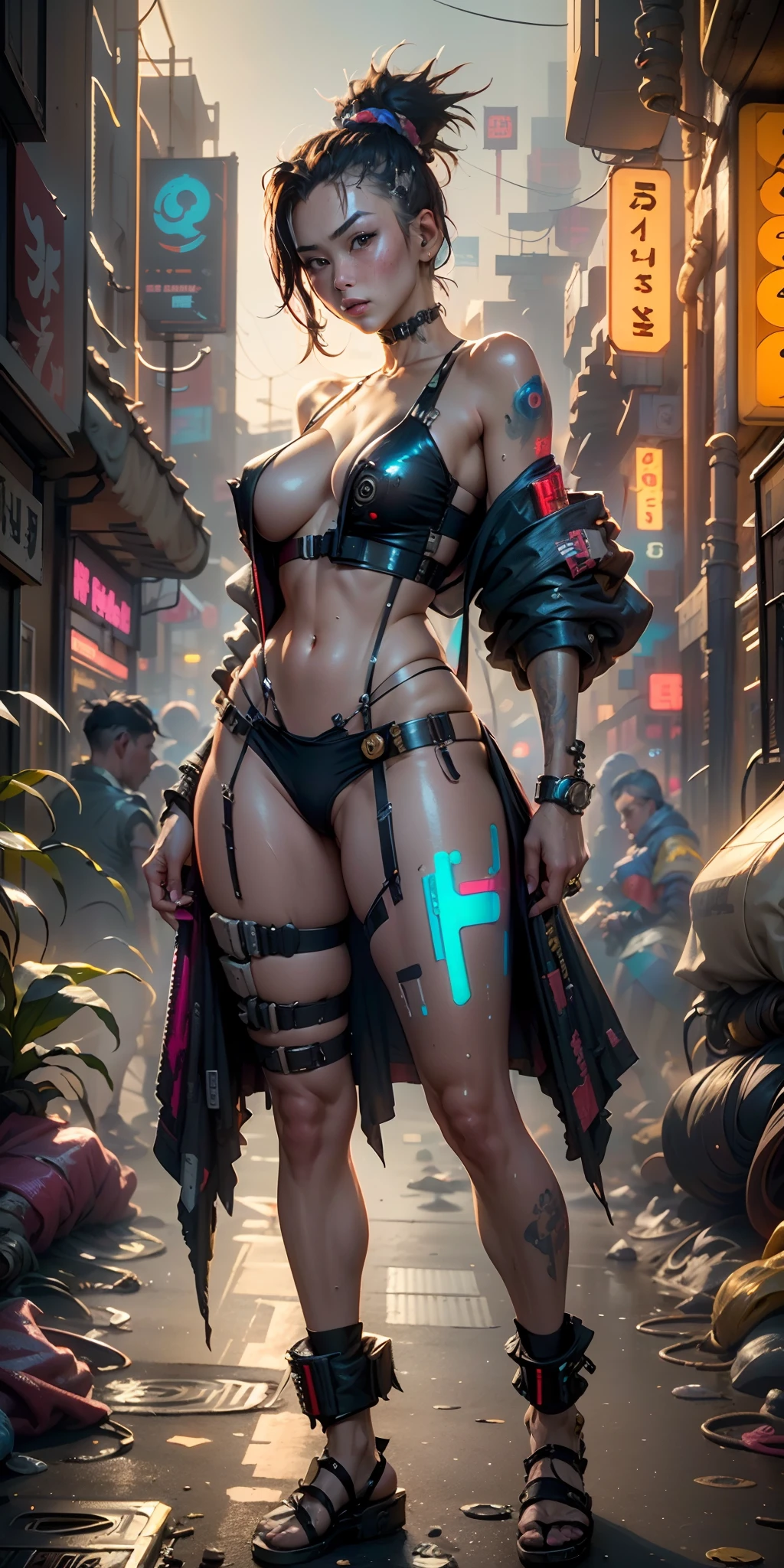 ((Best quality)), ((masterpiece)), (highly detailed:1.3), 3D, beautiful ((cyberpunk:1.3)) street samurai (wearing body harness), shapeless hair, pistols on hips, nsfw, (Akihabara night street scene).