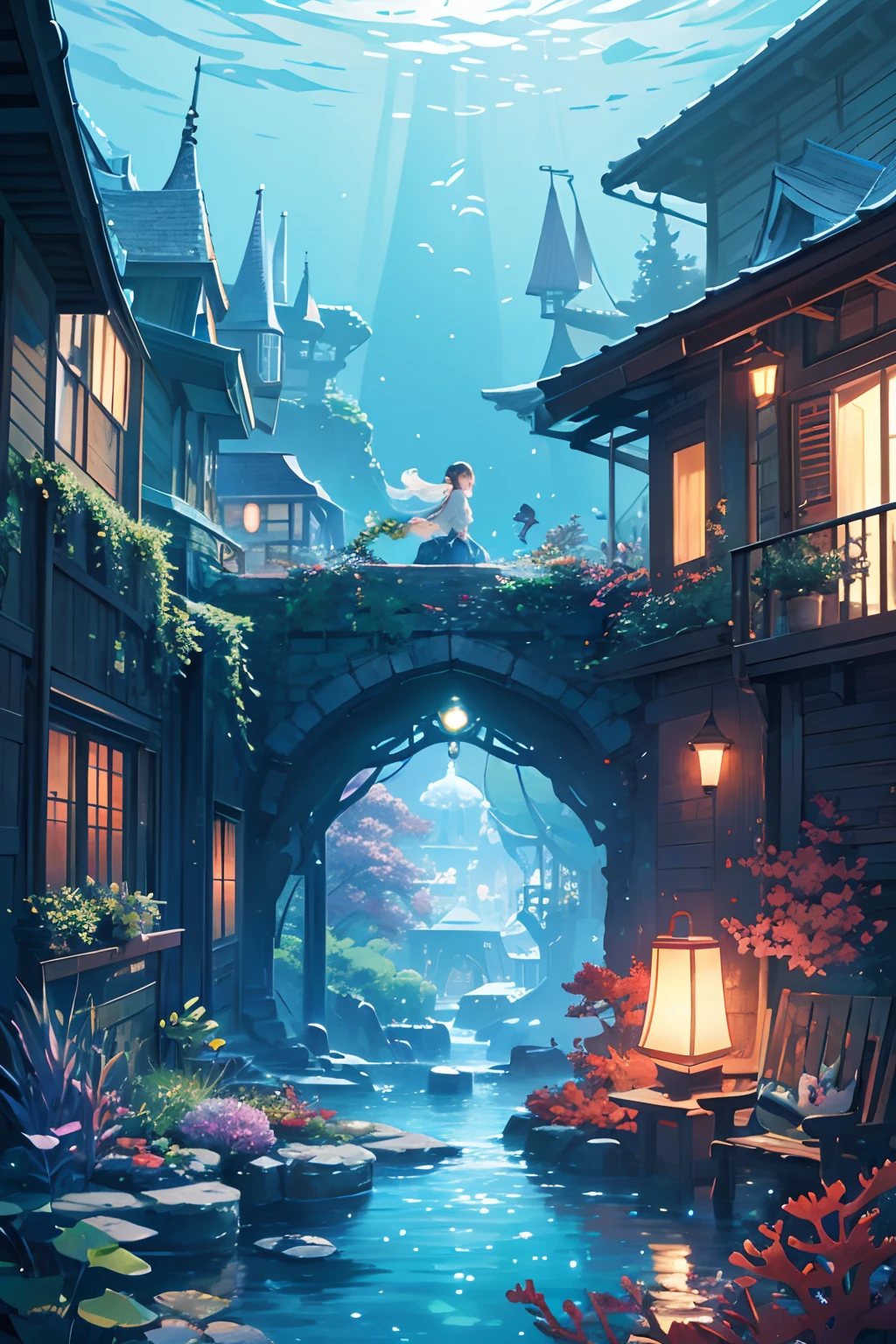 Create exquisite illustrations reminiscent of Makoto Shinkai's style, It has ultra-fine details and top-notch quality. Create captivating illustrations featuring fantastical houses standing on the seabed, A warm light that illuminates the seabed with nostalgic light. in a house, The girl with a strange feeling in her eyes、You are staring at the enchanting underwater world that surrounds you. From the window of the house、You'll see vibrant marine life, colorful corals, And magical creatures that inhabit the abyss, Everything is captured in intricate detail. This image is、It is necessary to evoke a sense of both innocence and curiosity as the girl explores the enchanting underwater realm.