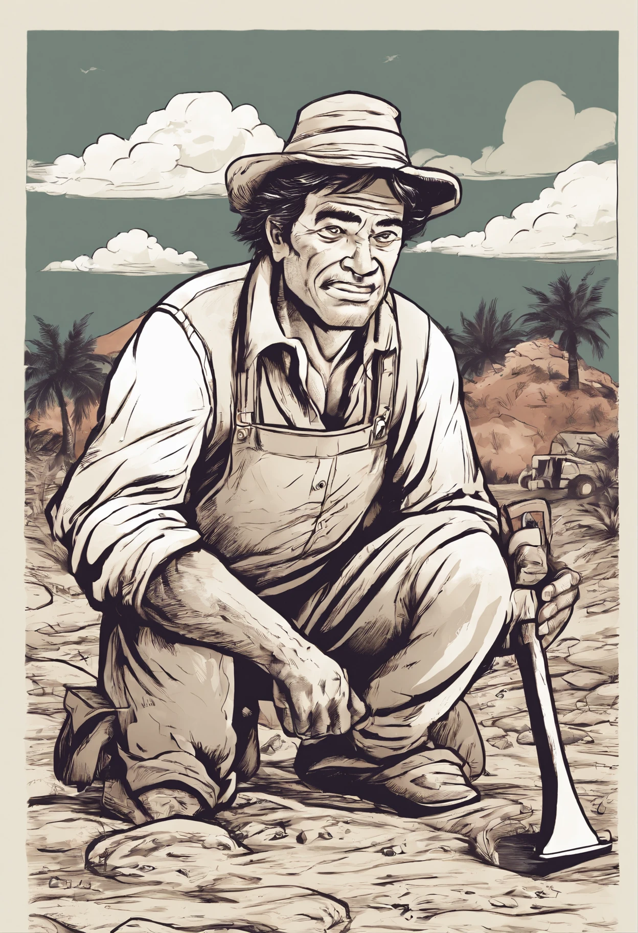 A black and white commercial illustration of a man dressed as a peasant, parecendo cansado, Holding a digger in his right hand. He is digging an artesian well in search of water, localizado perto de sua aldeia. The village is depicted in a rustic way, com terra seca ao redor. The image should have a comedic style, with fine strokes and a touch of manga.

O trabalhador do campo deve ser retratado em detalhes, with his facial expression demonstrating fatigue and determination in his task. A imagem deve ser em preto e branco, with a pencil and ink caricature drawing style. Be sure to capture the peasant's effort as he digs, symbolizing resilience in the face of the challenges of village life."