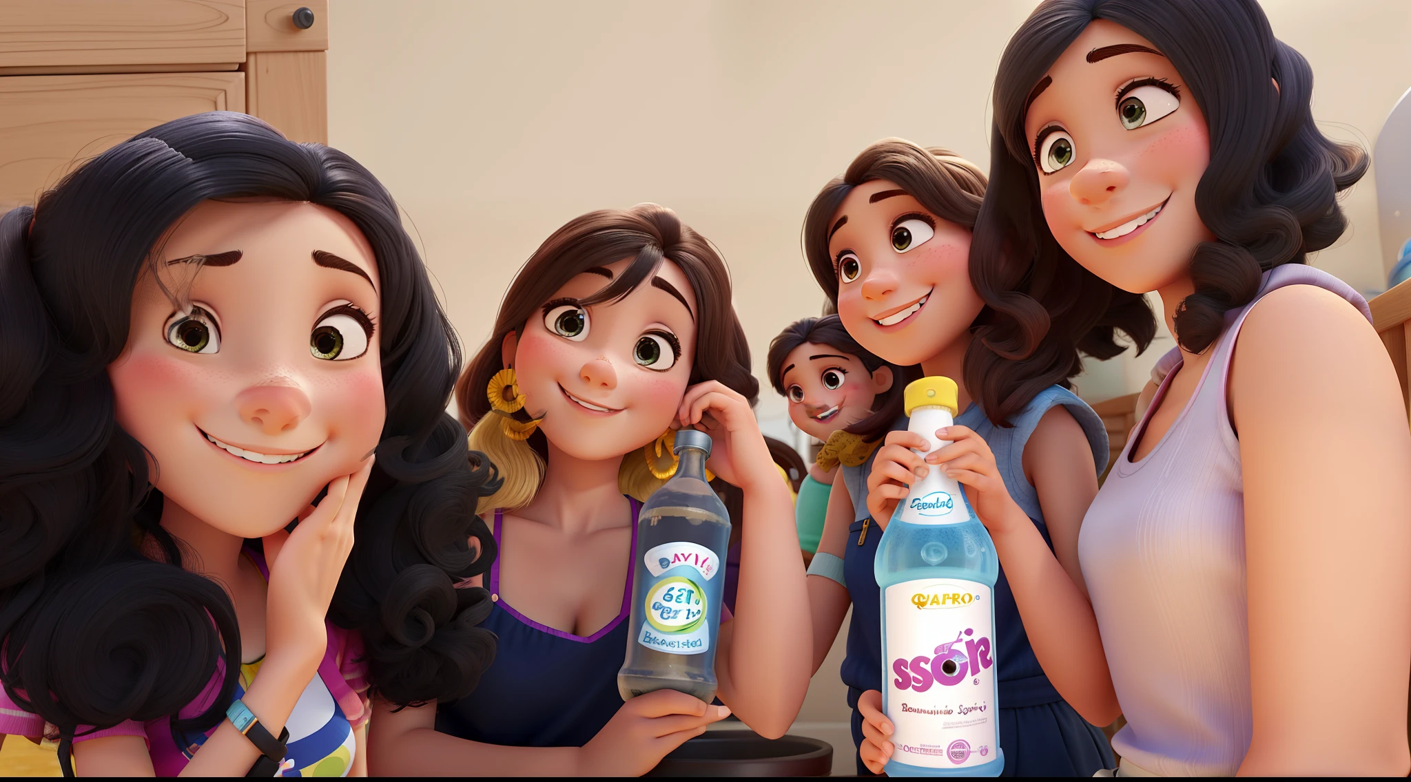 Quatro meninas sorrindo estilo pixar com cabelos ondulados, segurando garrafas de bebidas e com roupas leves