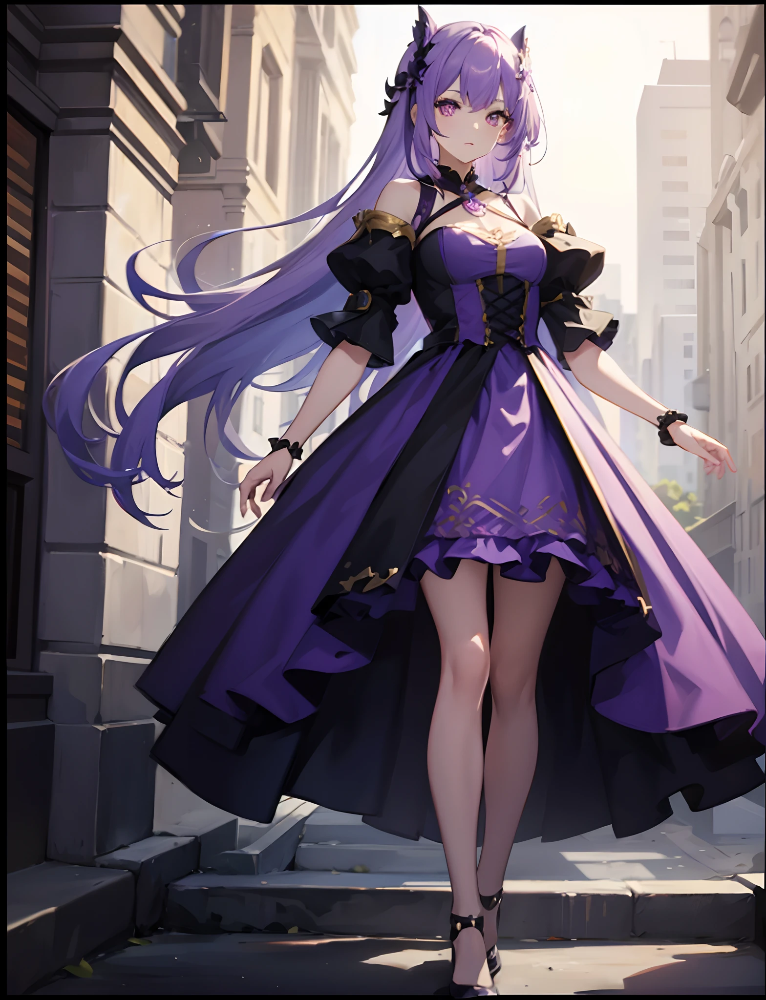 1girl, light purple hair, golden eyes, purple dress, standing on ground, high res, ultra sharp, 8K, masterpiece