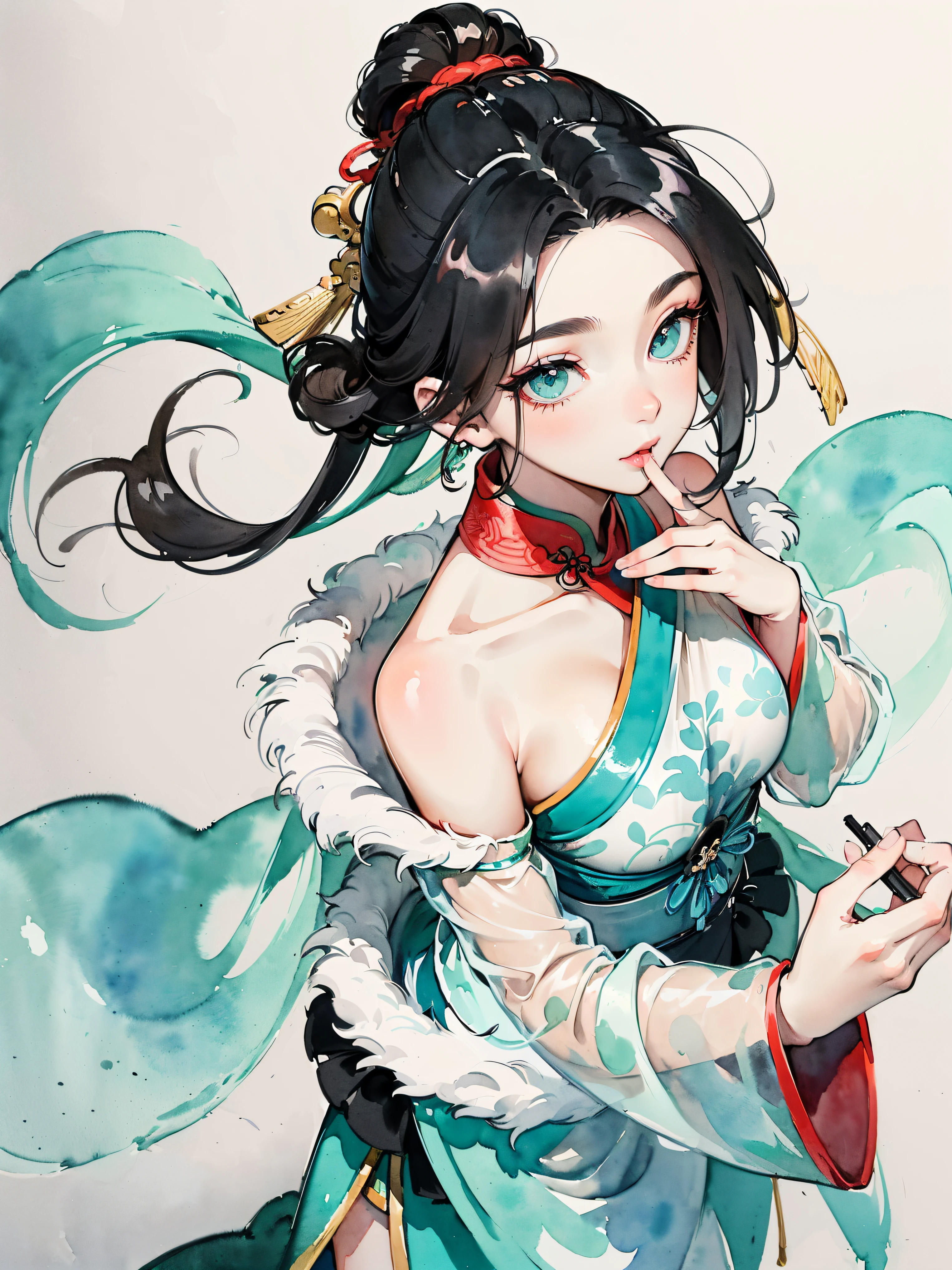 (((((((Chinese ink painting，watercolor paiting，ancient chinese costume,off shoulders,very long sleeves,black hair,see-through sleeves,fur cuffs,hair from mouth,Cyan lining)))))))，((1lady,adorable korean mixed race of Saudi Arabia girl，rosto magro，Solo,))(Masterpiece,Best quality, offcial art, Beautiful and aesthetic:1.2),((超高分辨率,Golden ratio,)) (16k),((Melon seed face，from above，sexy breast,detailed background of chinese waterink paintings)),(Physically-based rendering),Amazing,Sharp focus, (((highdetailskin,))),Intricately detailed clothing,Lying silkworm eyebrows，long eyebrows,Delicate pupils,danfeng eye,((((detailed hair,long hair|Shaggy cut|Long bold side bangs|Sleek cut|Voluminous updo|Undercut)))),Slender,(masterpiece sidelighting),(The sheen),(beautiful hair,beautiful eyes,）[[Delicate fingers and hands:0.55]::0.85],(Detail fingers),(((Superior quality,)))),((unbelievable Ridiculous,)),((extremely_Detailed_Eyes_and_face)),Movie girl,(Dynamic configuration: 1.2),Brilliant,Glossy
