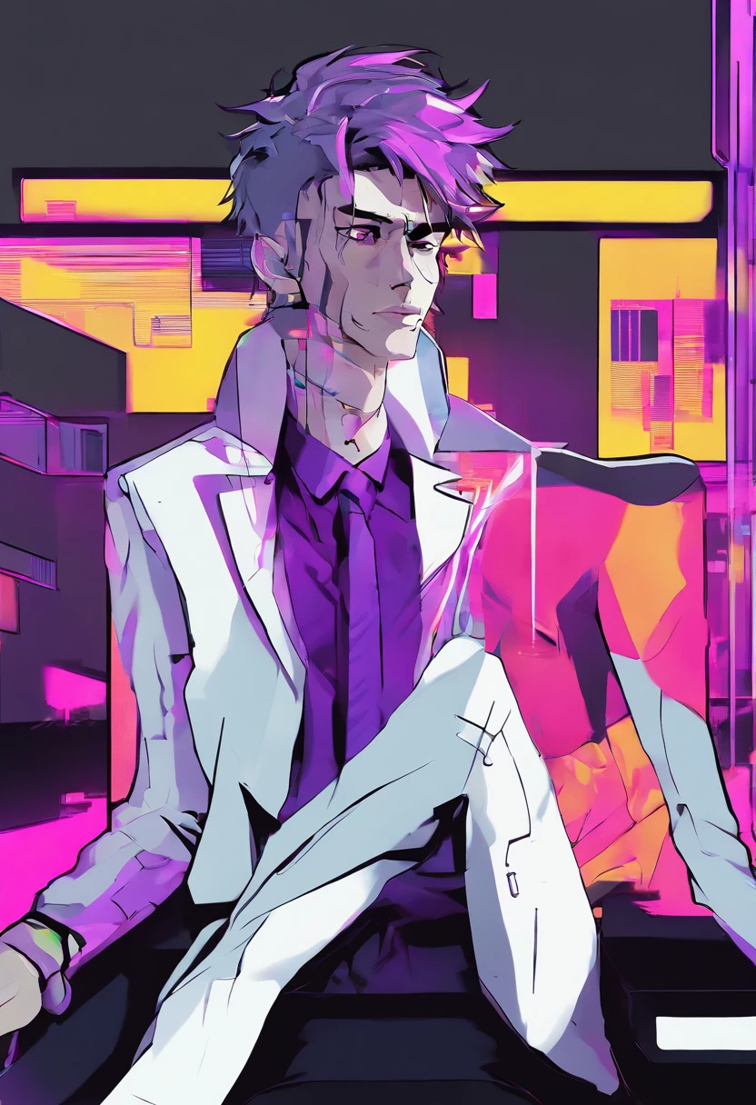 ((Skinny, lanky, normal, mid-30s, unshaven, white, ((American, pale skin, english)), male, businessman wearing a basic suit and tie, nose ring, tired, unhappy)), cowboy shot, (black short shaggy hair with purple highlights), ((sitting in their house)), (highly detailed photo realistic), sharp focus, ultra high quality, gloomy, masterpiece, (cinematic lighting), ((male))